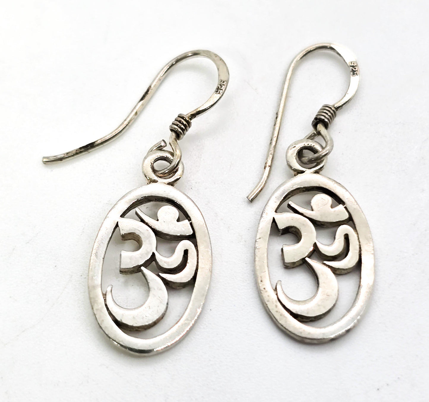 Om Mantra Hindu open work cut out sterling silver drop earrings