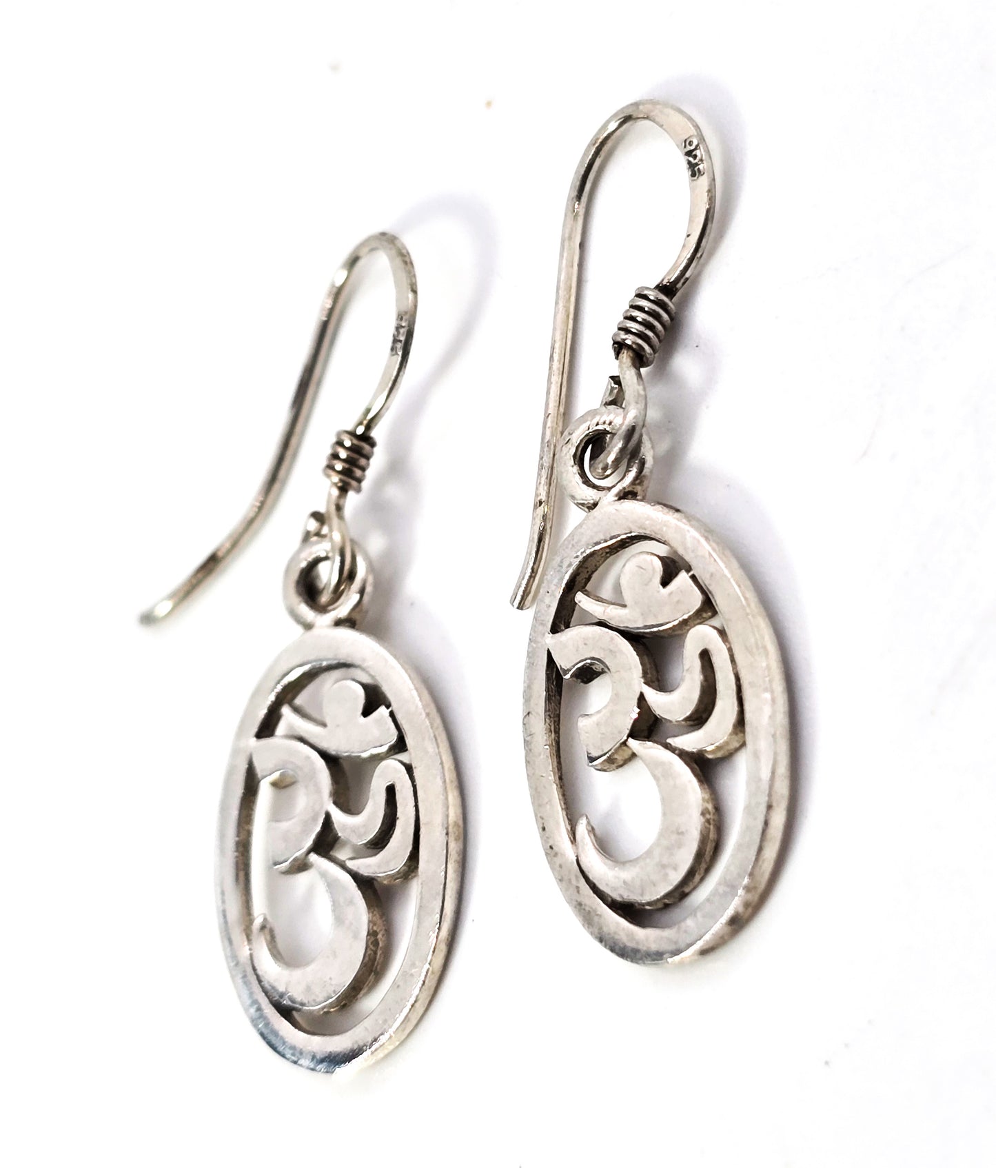 Om Mantra Hindu open work cut out sterling silver drop earrings