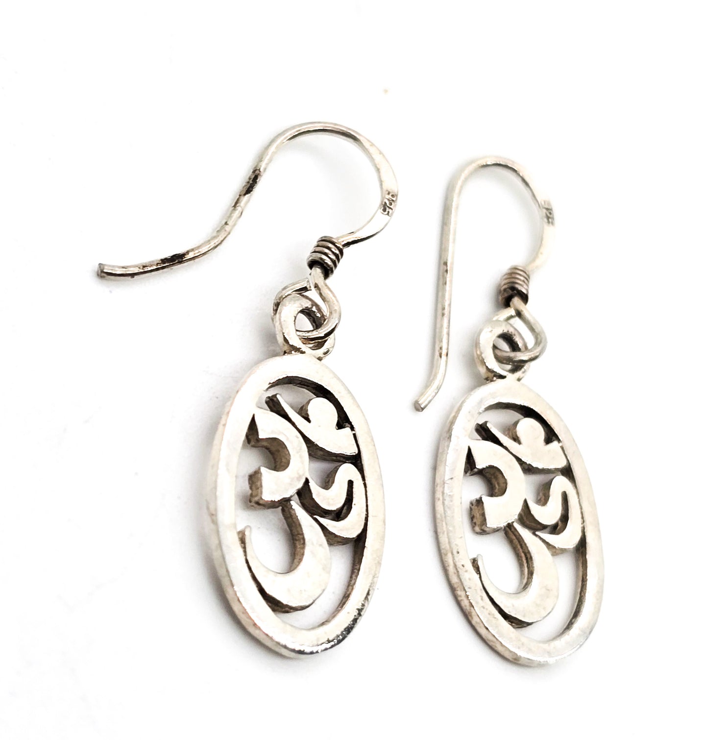 Om Mantra Hindu open work cut out sterling silver drop earrings
