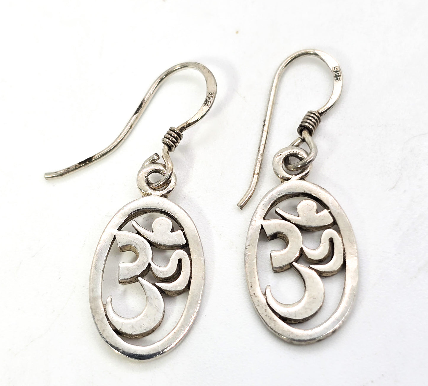Om Mantra Hindu open work cut out sterling silver drop earrings