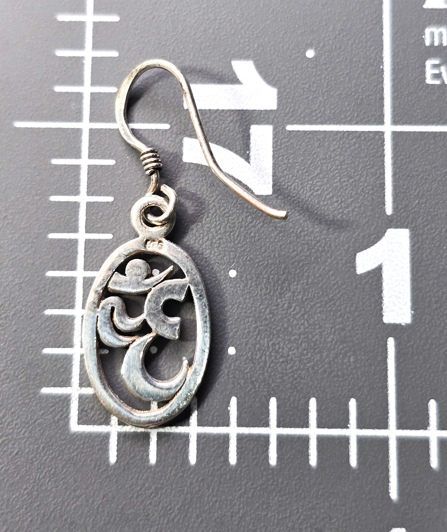 Om Mantra Hindu open work cut out sterling silver drop earrings
