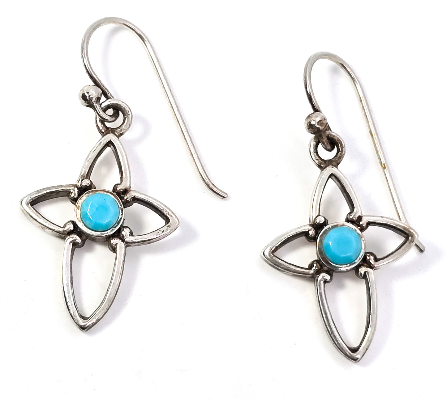 Cross open line work block turquoise sterling silver drop earrings