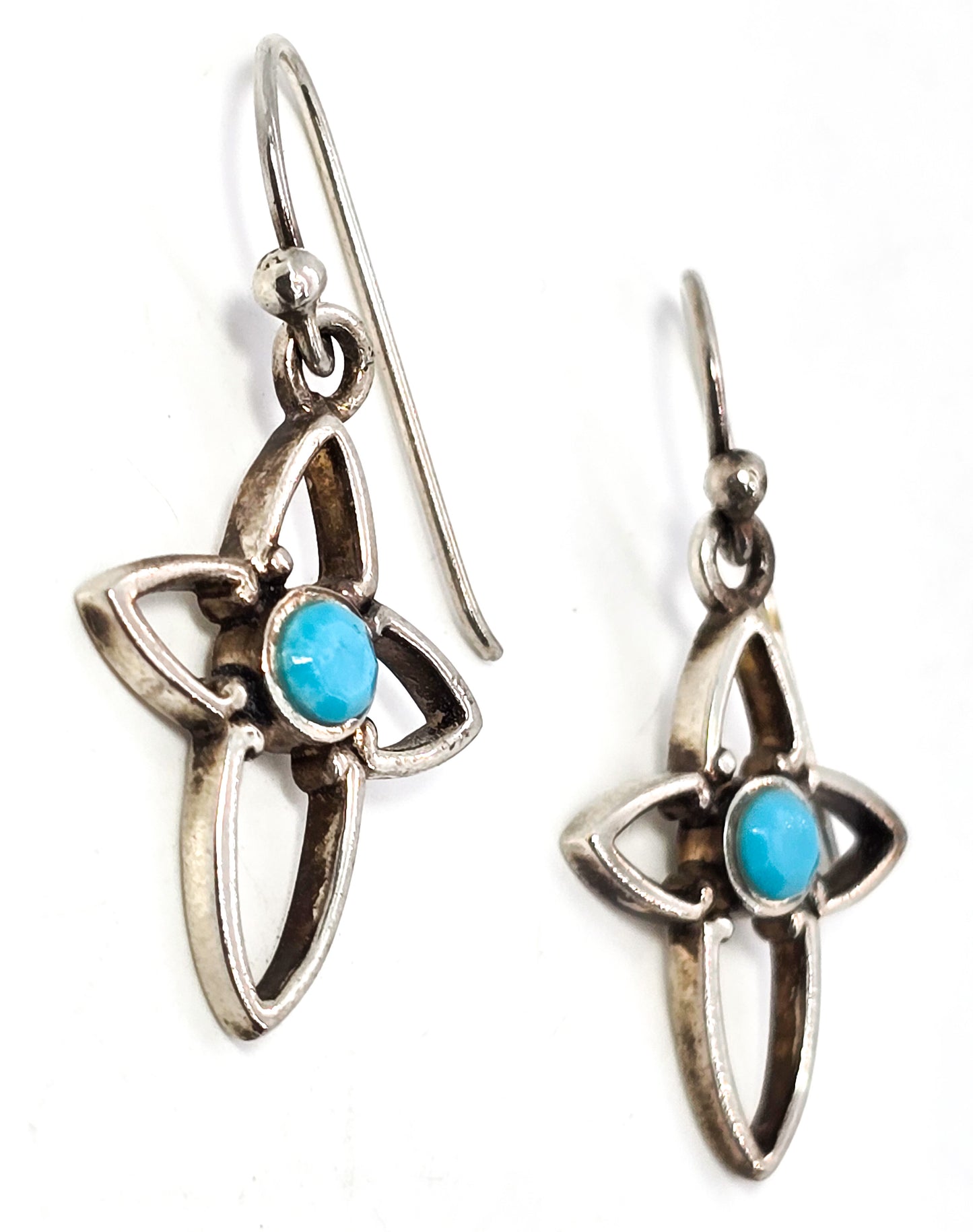 Cross open line work block turquoise sterling silver drop earrings