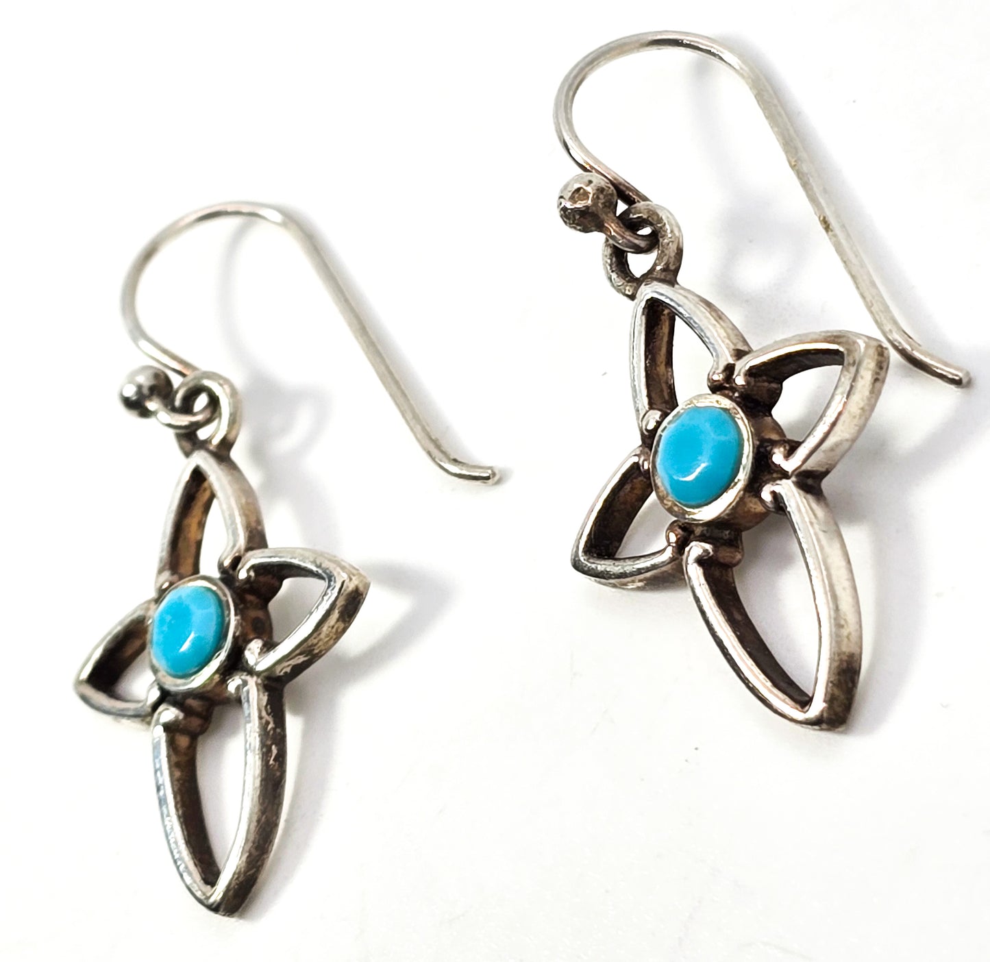 Cross open line work block turquoise sterling silver drop earrings