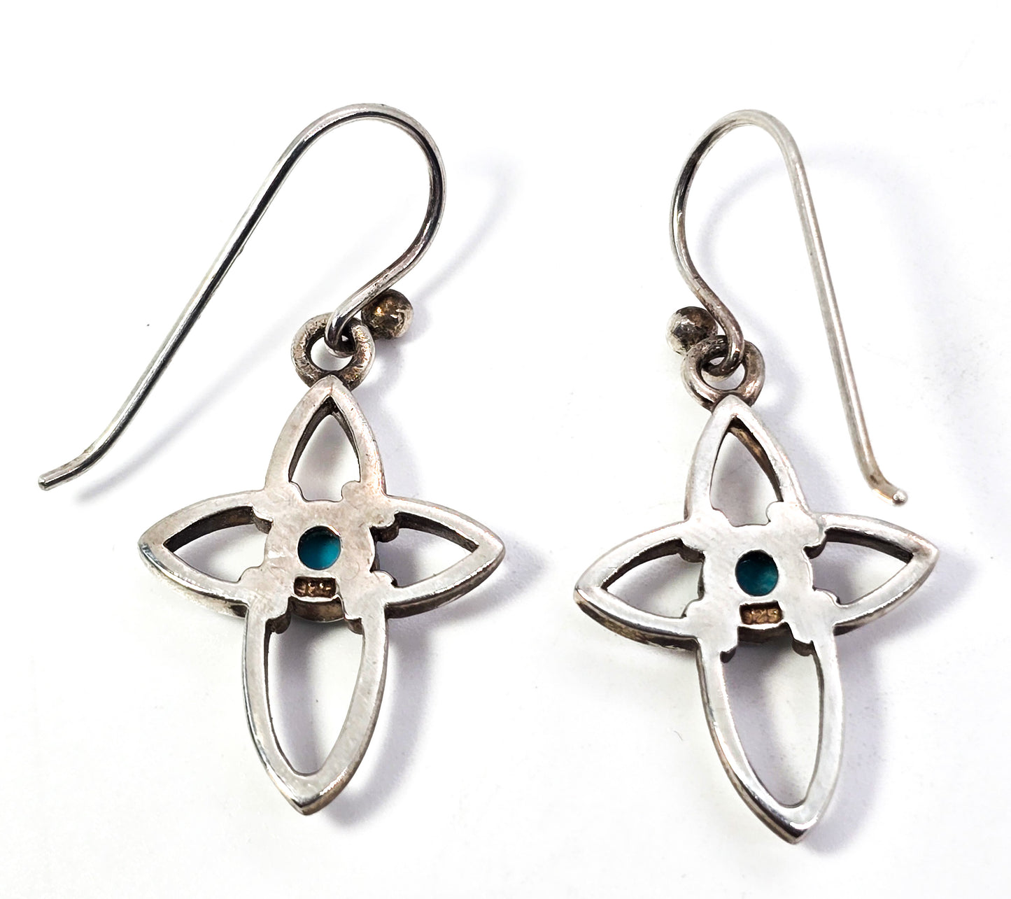 Cross open line work block turquoise sterling silver drop earrings