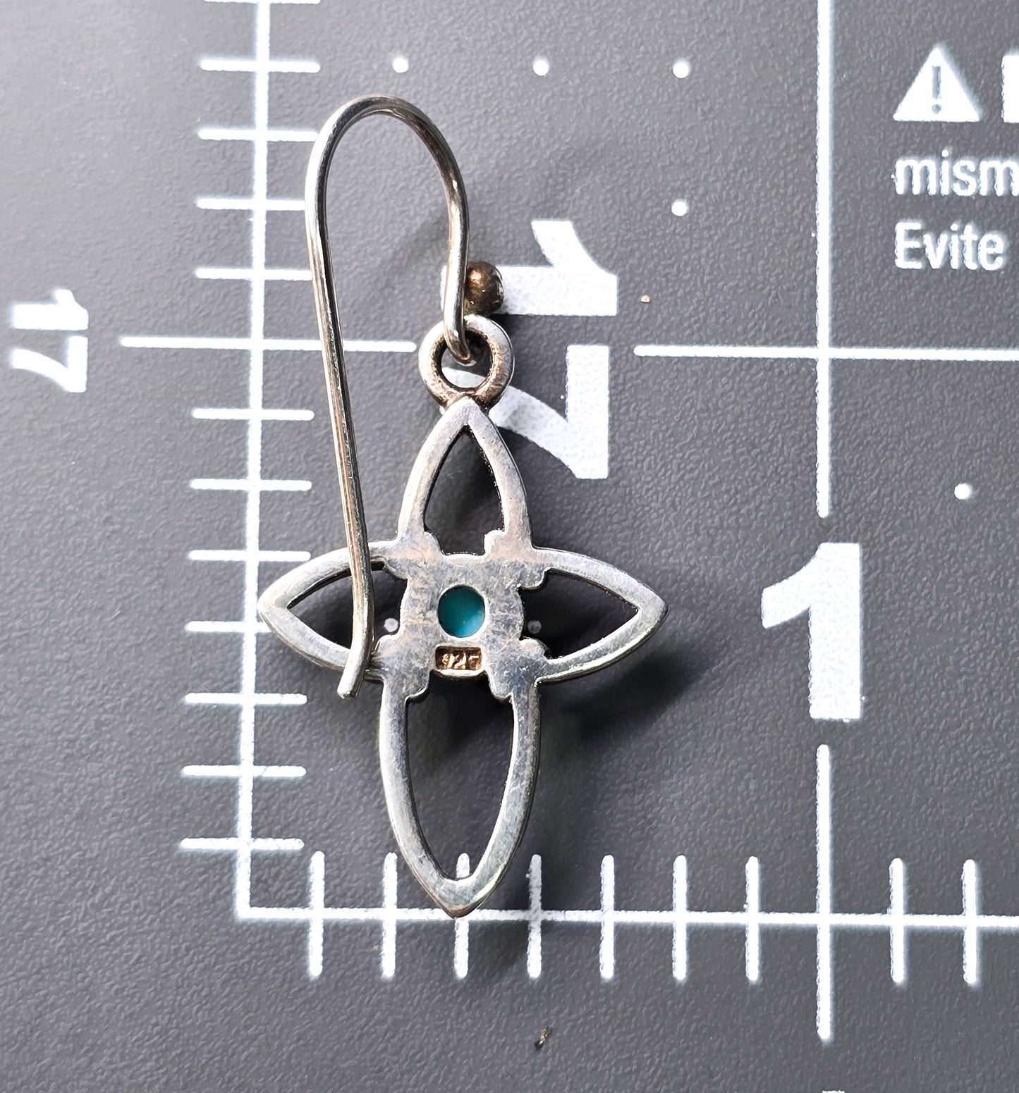 Cross open line work block turquoise sterling silver drop earrings