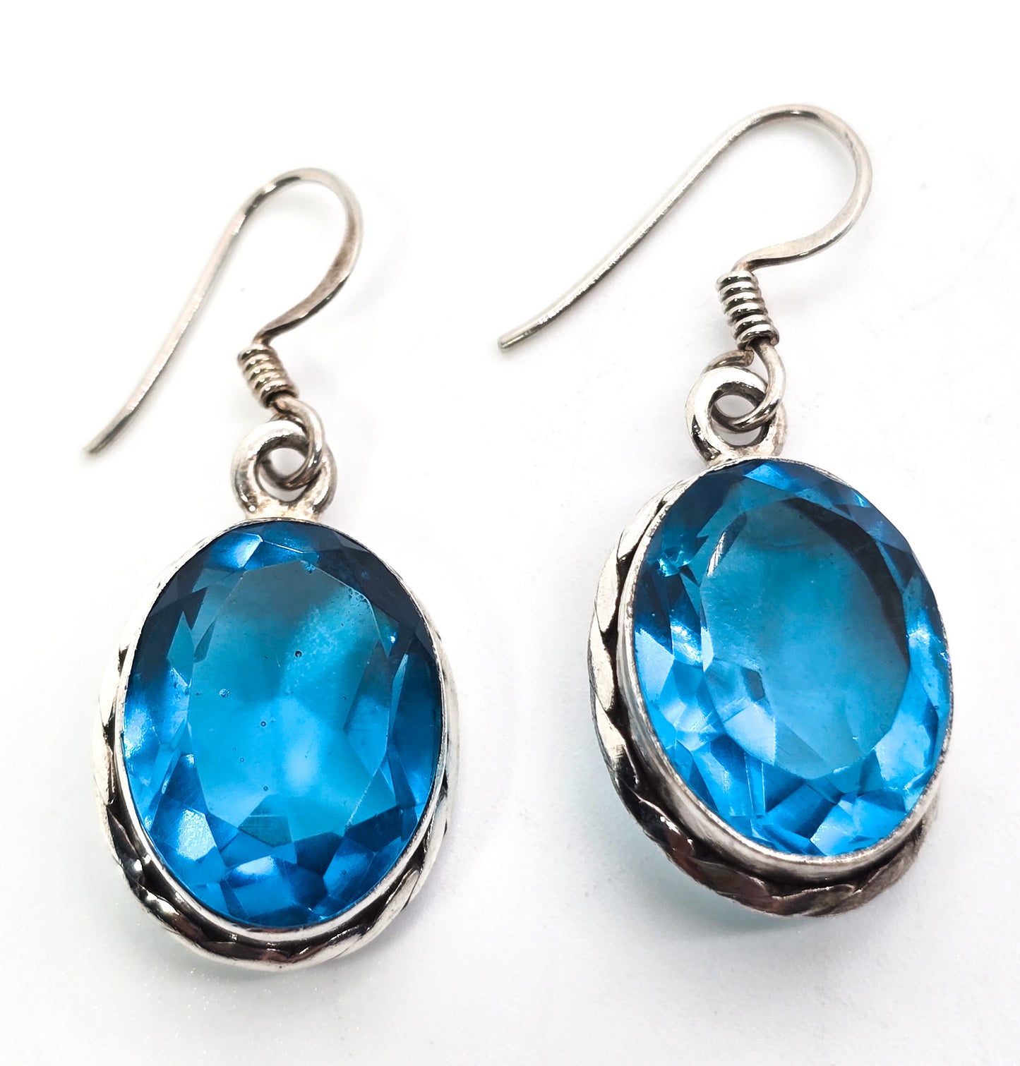 Aqua blue glass faceted open work sterling silver drop earrings