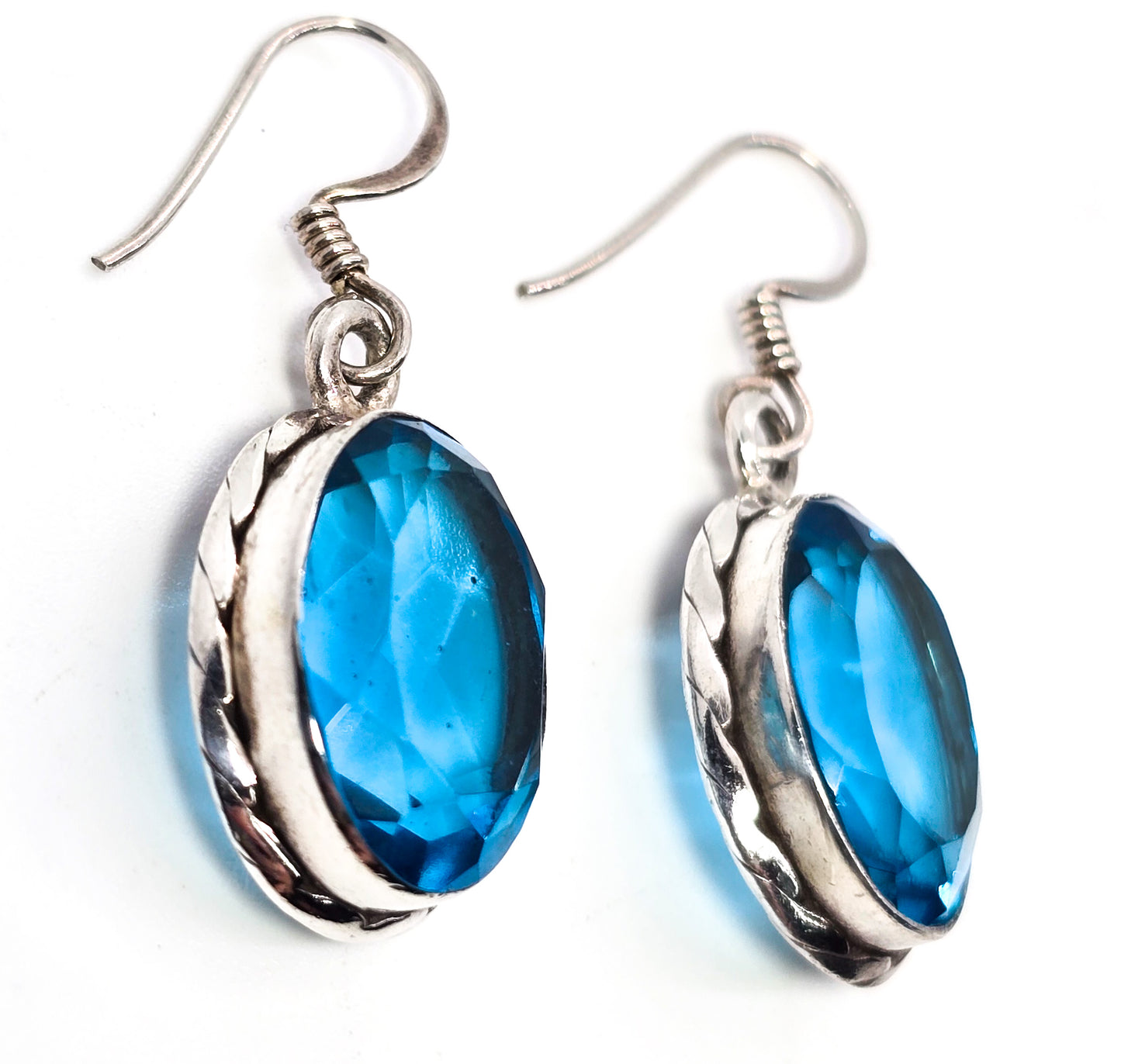 Aqua blue glass faceted open work sterling silver drop earrings