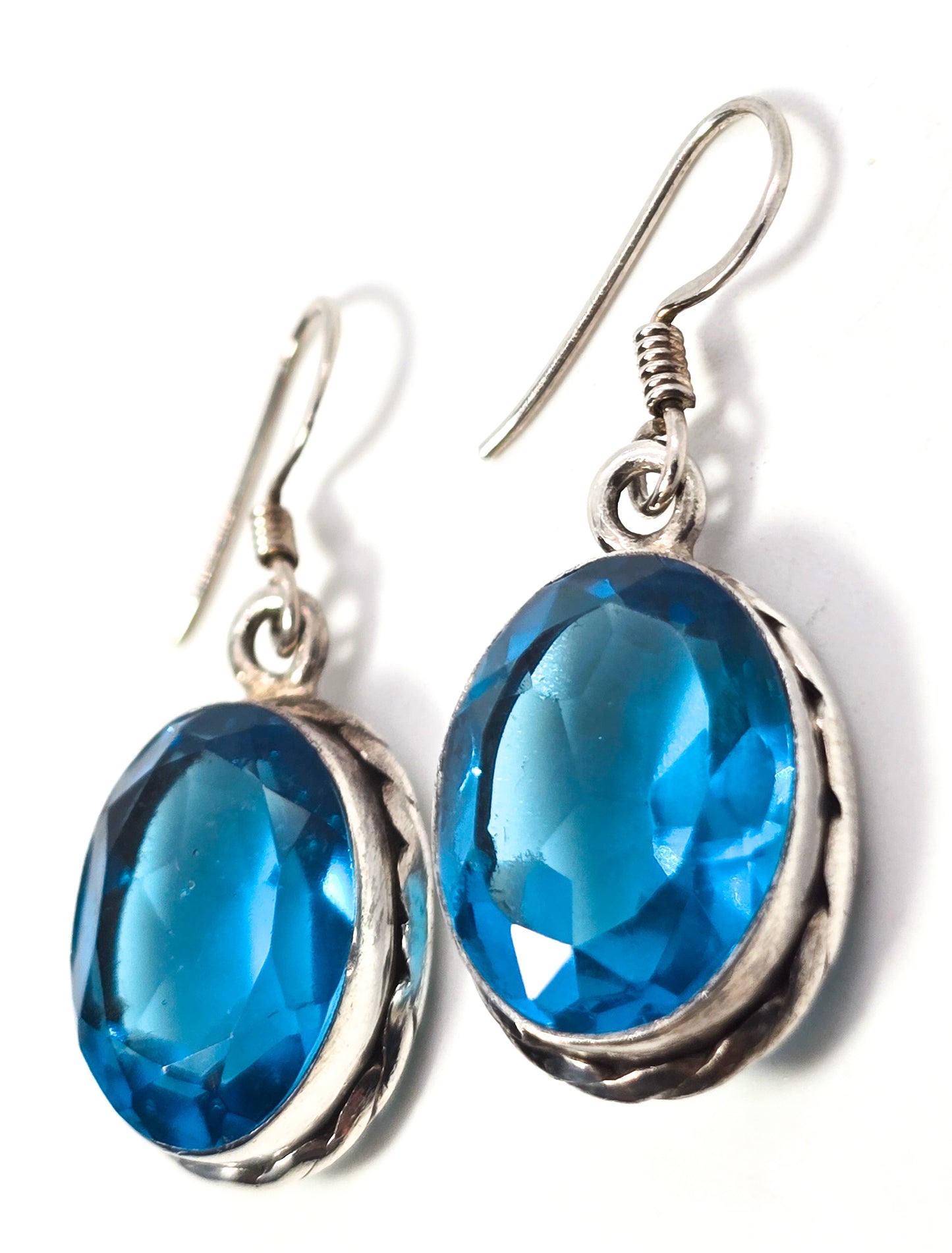 Aqua blue glass faceted open work sterling silver drop earrings