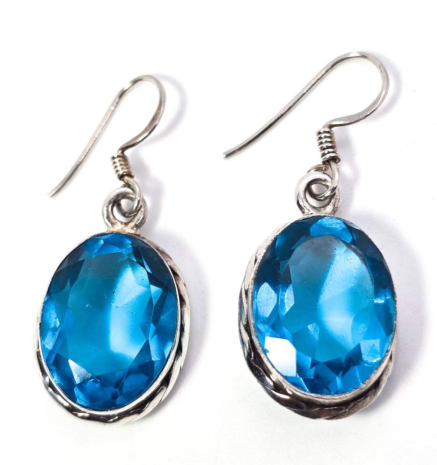 Aqua blue glass faceted open work sterling silver drop earrings