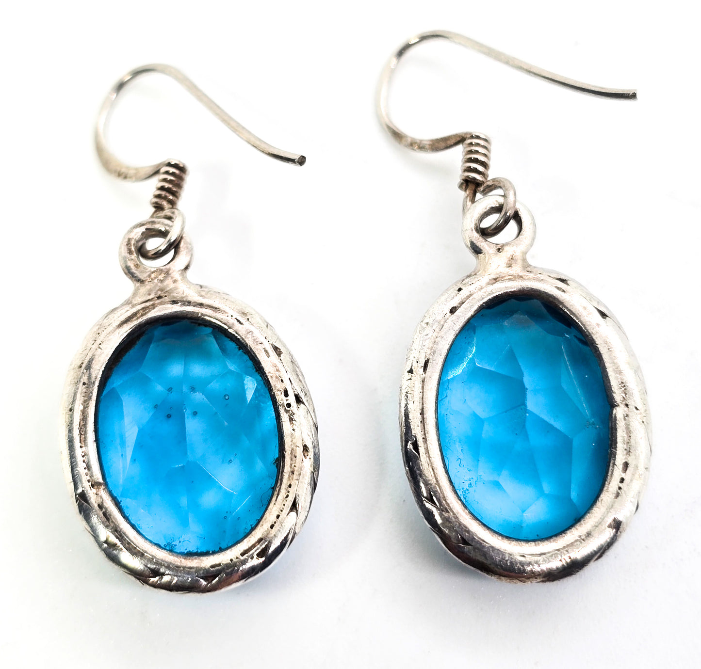 Aqua blue glass faceted open work sterling silver drop earrings
