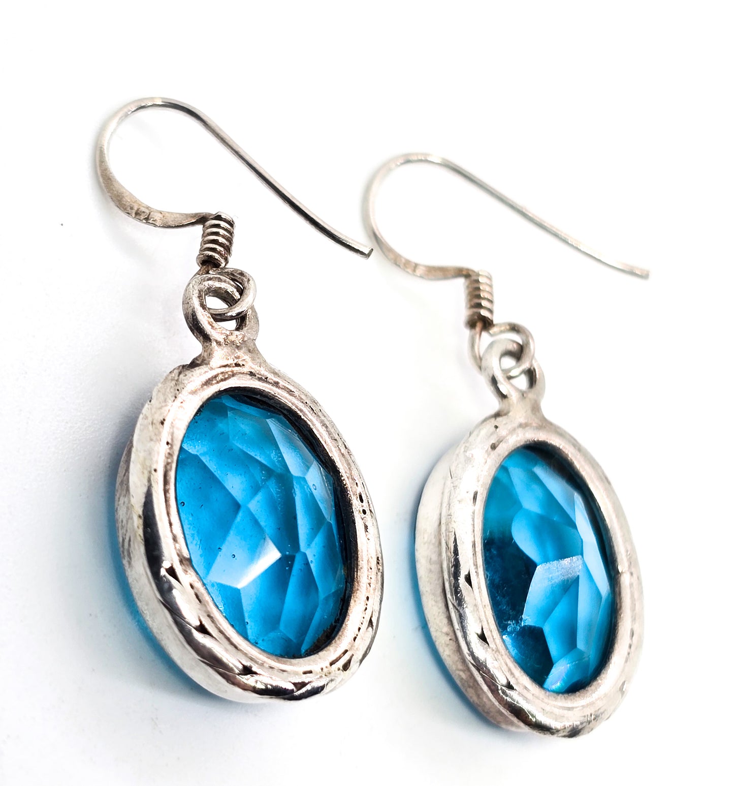 Aqua blue glass faceted open work sterling silver drop earrings