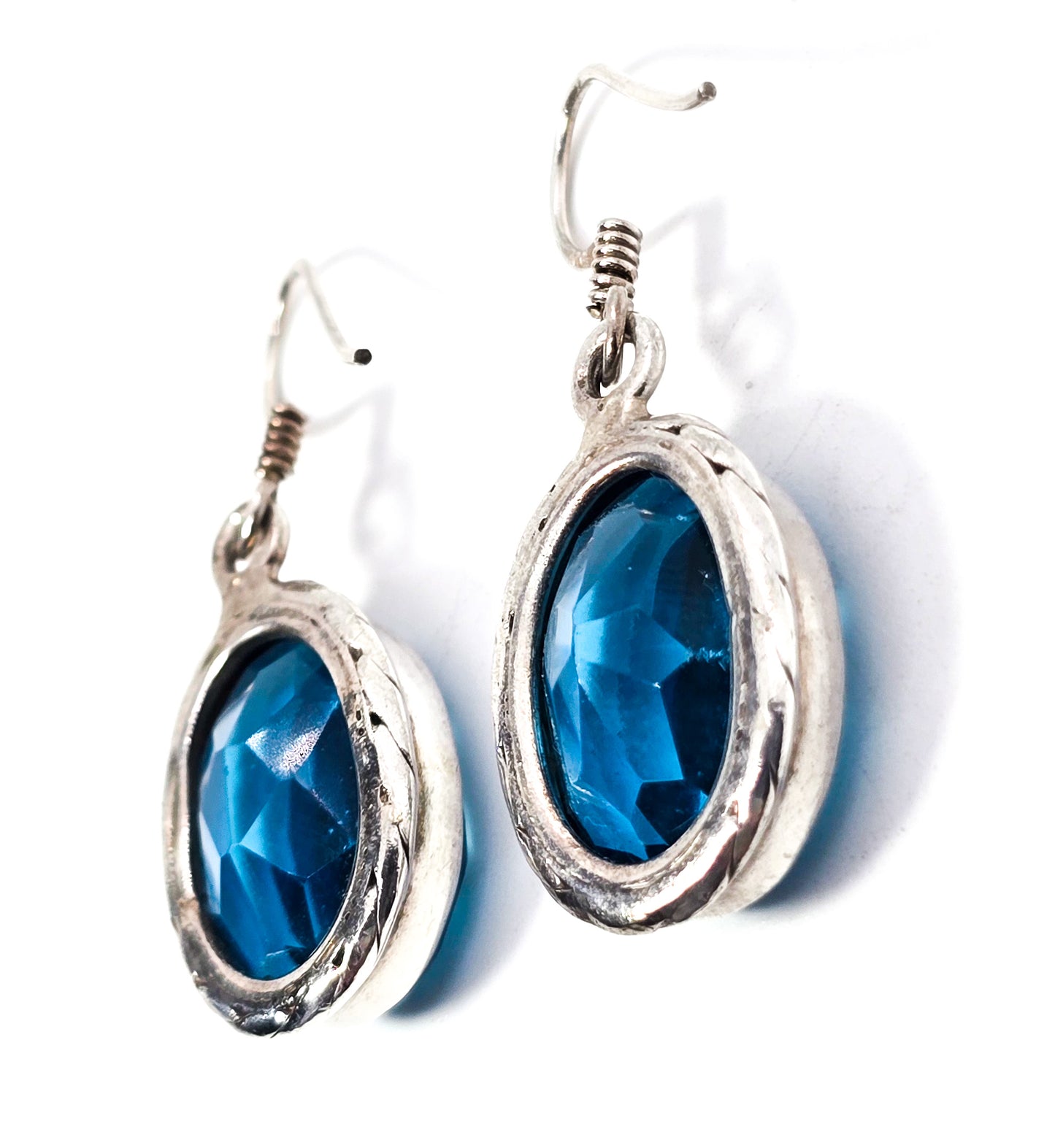 Aqua blue glass faceted open work sterling silver drop earrings