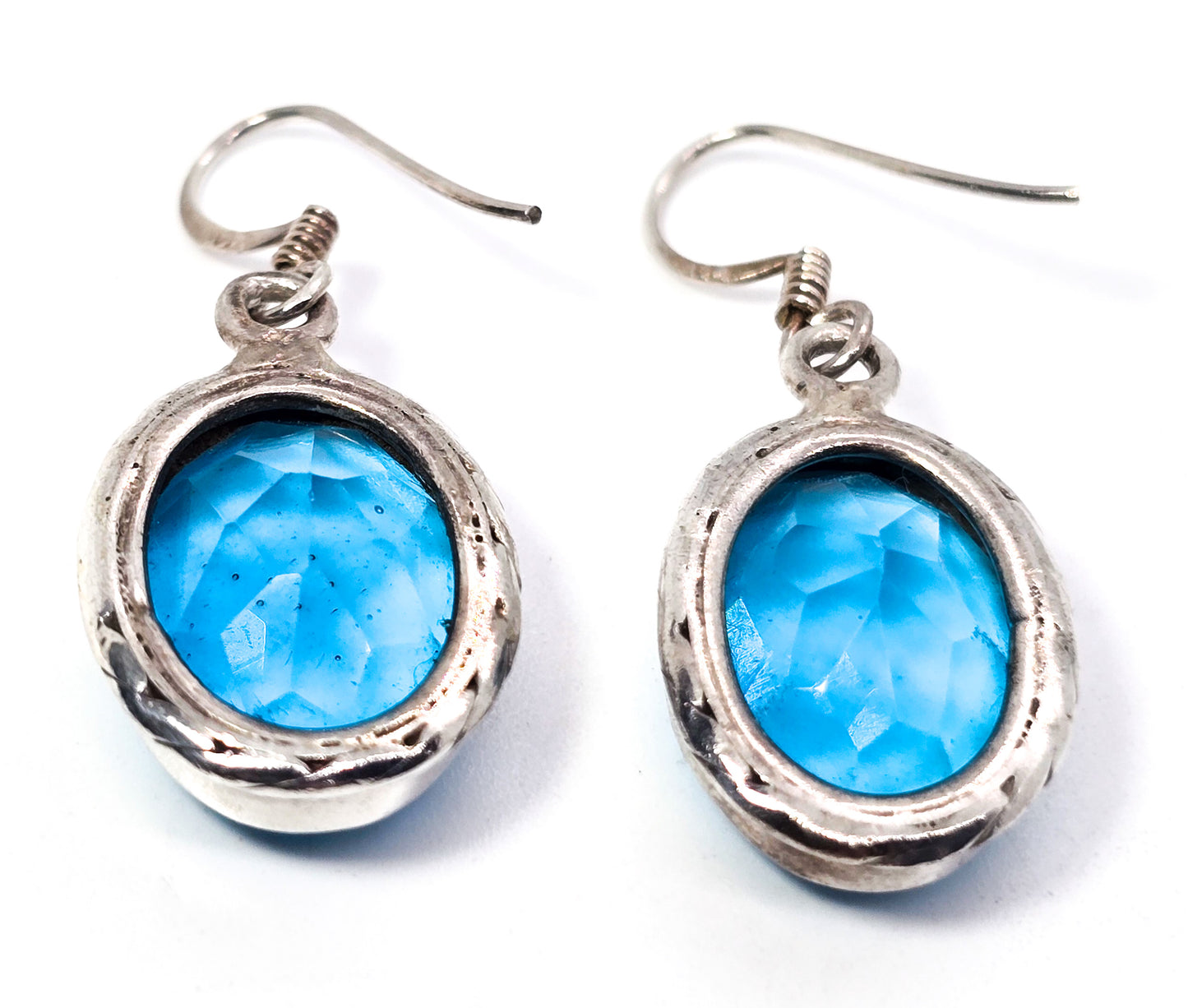 Aqua blue glass faceted open work sterling silver drop earrings
