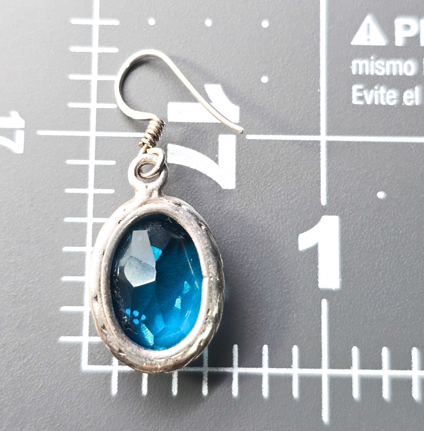 Aqua blue glass faceted open work sterling silver drop earrings
