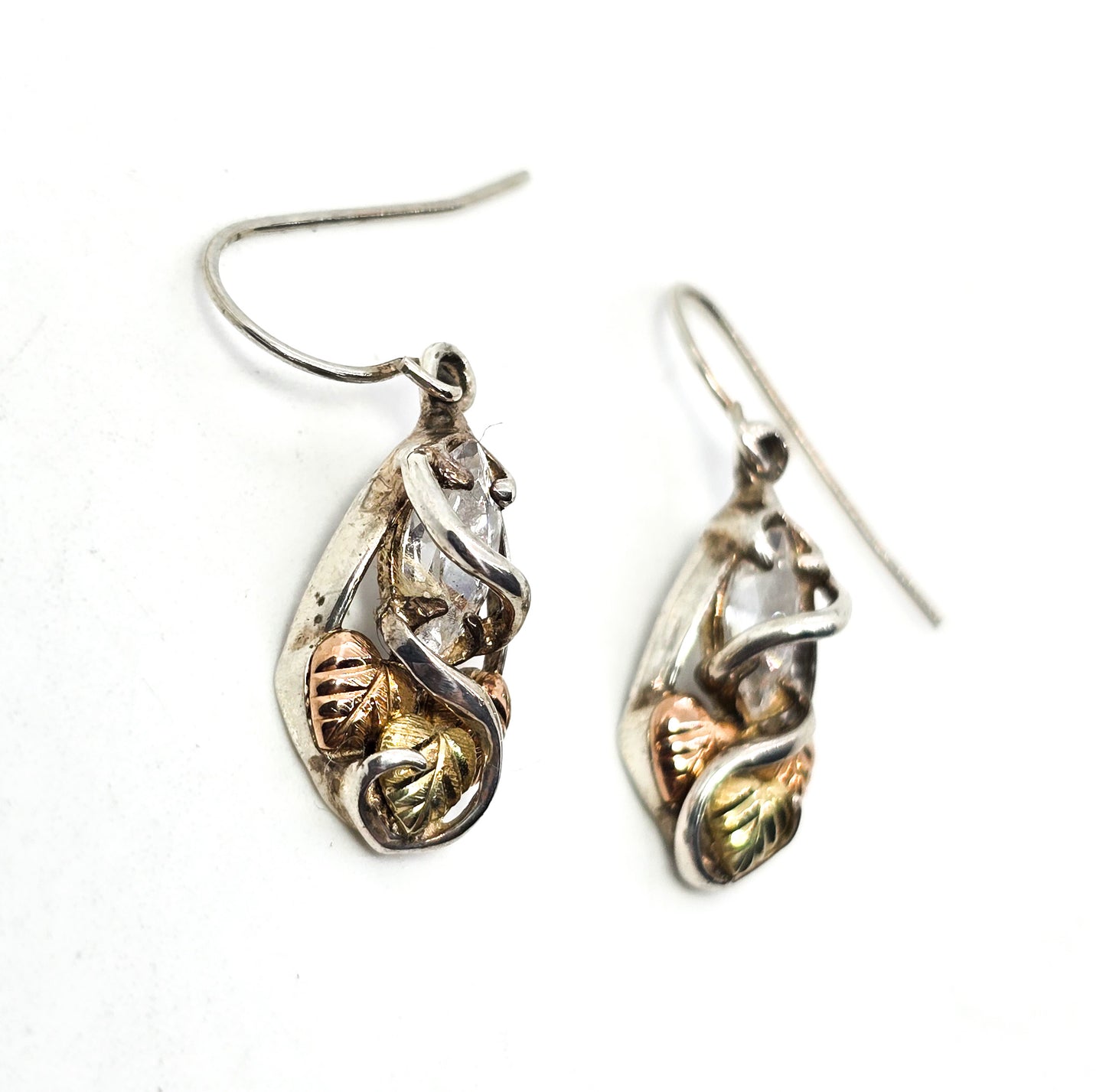 Black Hills Gold Coleman Co Green & Rose 12k gold CZ sterling silver leaf earrings