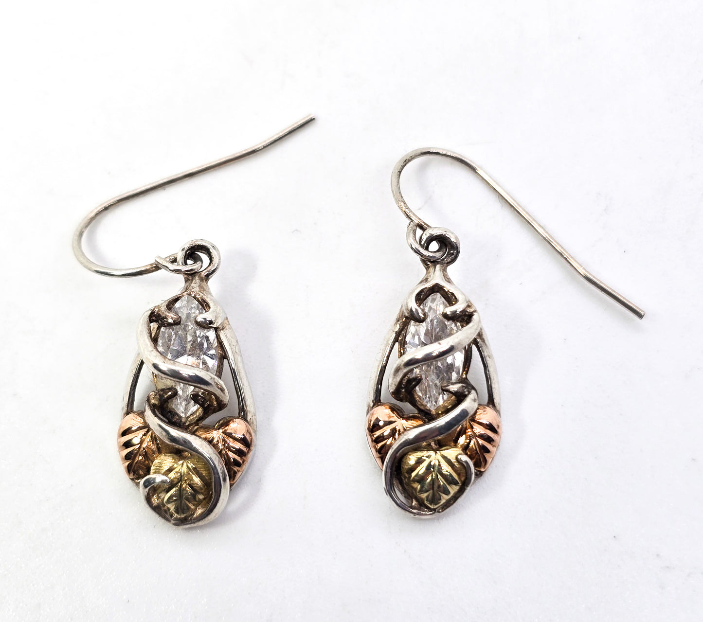 Black Hills Gold Coleman Co Green & Rose 12k gold CZ sterling silver leaf earrings