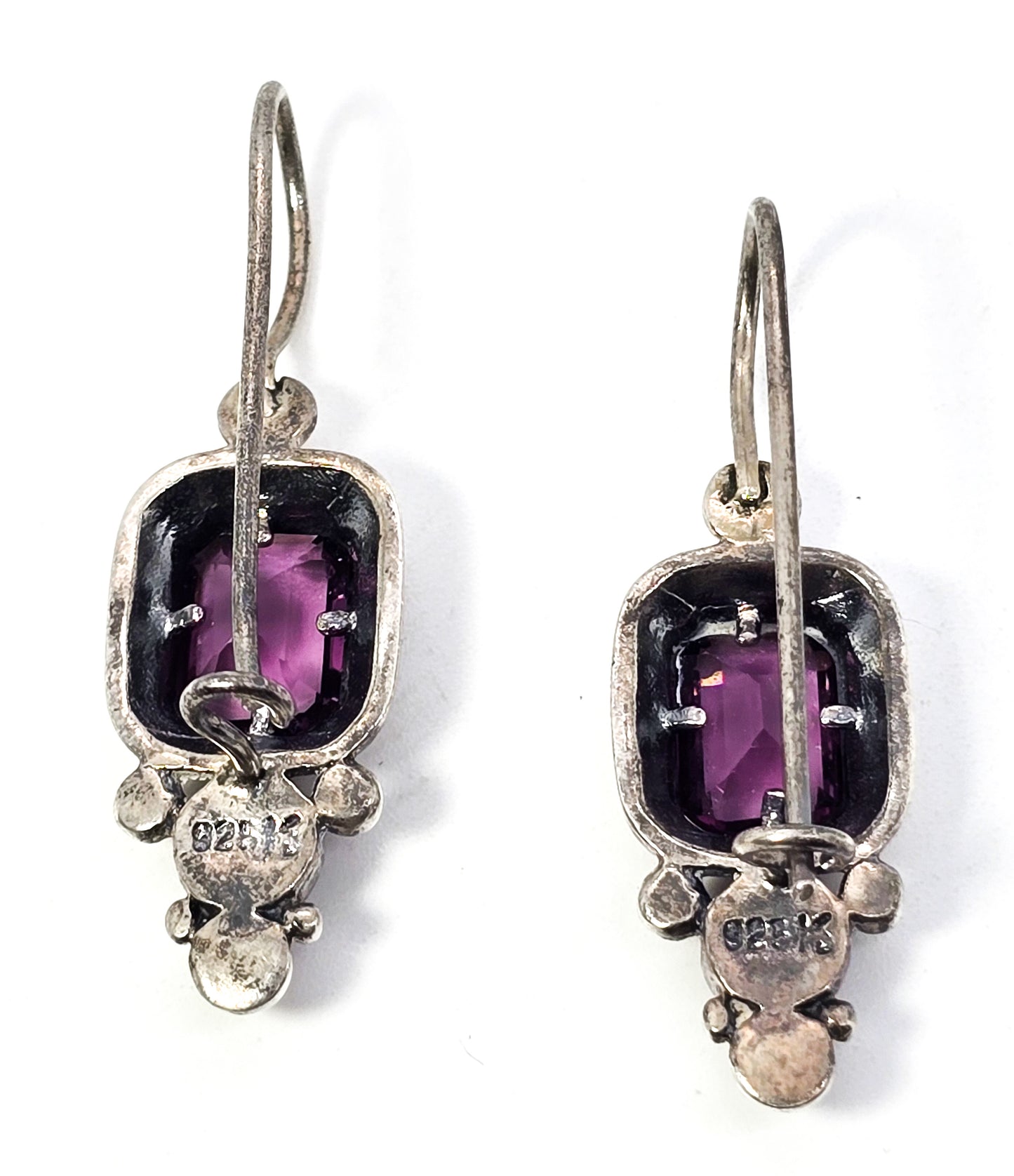 Synthetic Amethyst large Balinese style sterling silver signed K earrings
