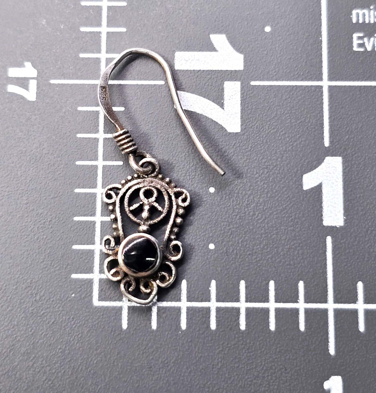 Retro hippy Peace sign filigree vintage sterling silver black onyx drop earrings