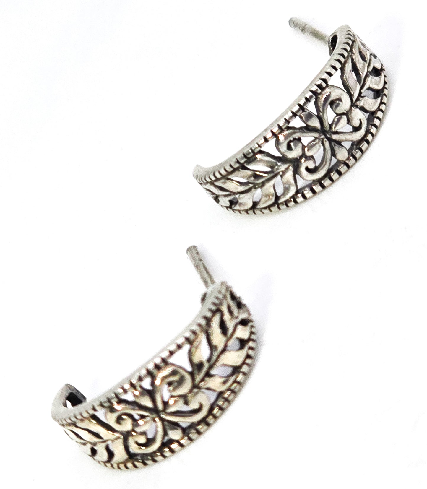 Heart filigree Open work vintage sterling silver crescent hoop earrings