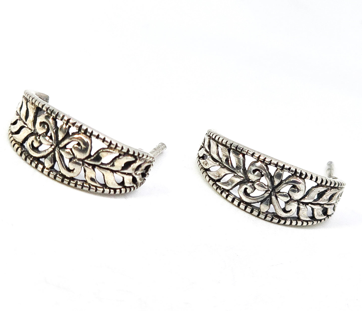 Heart filigree Open work vintage sterling silver crescent hoop earrings