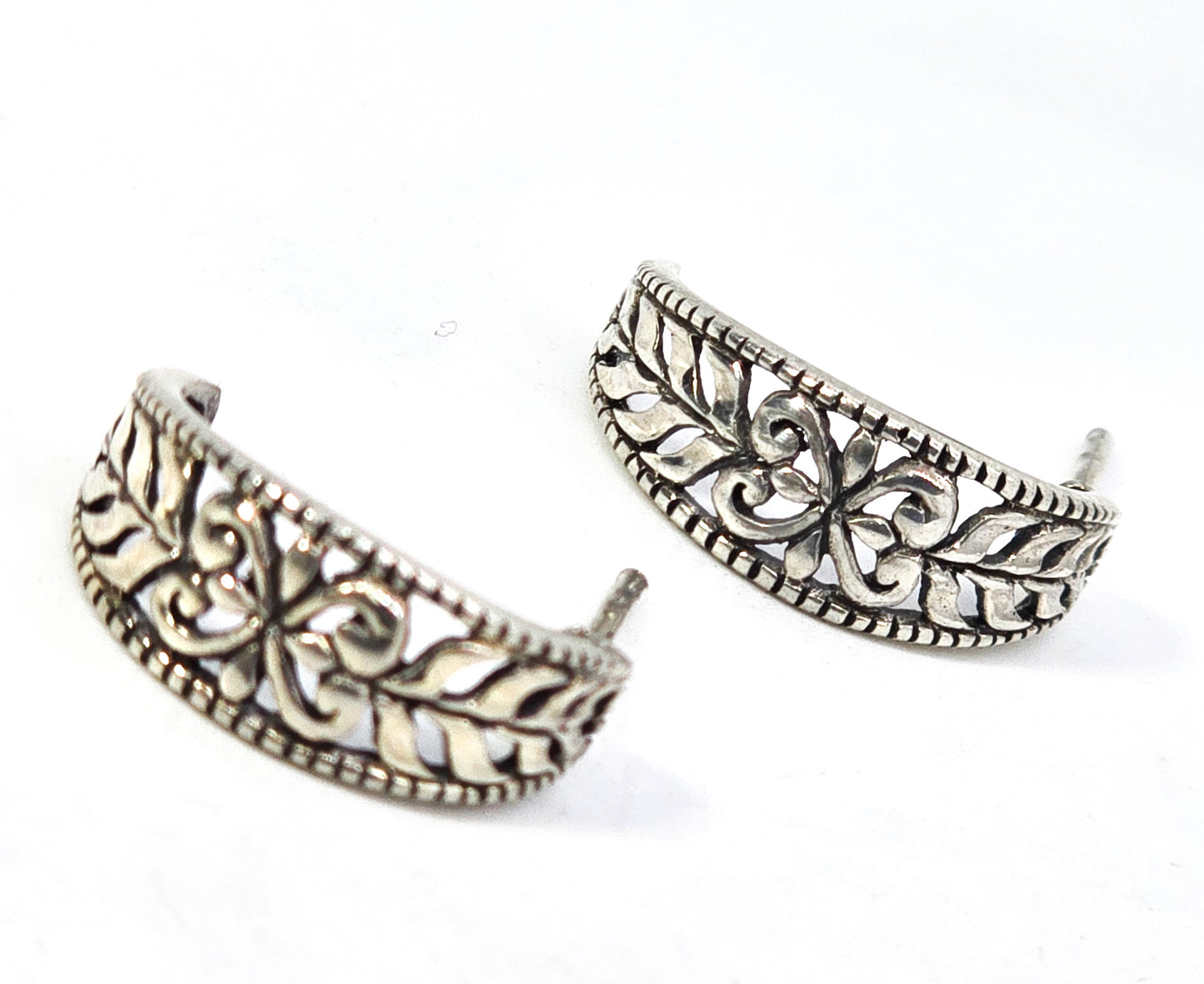 Heart filigree Open work vintage sterling silver crescent hoop earrings