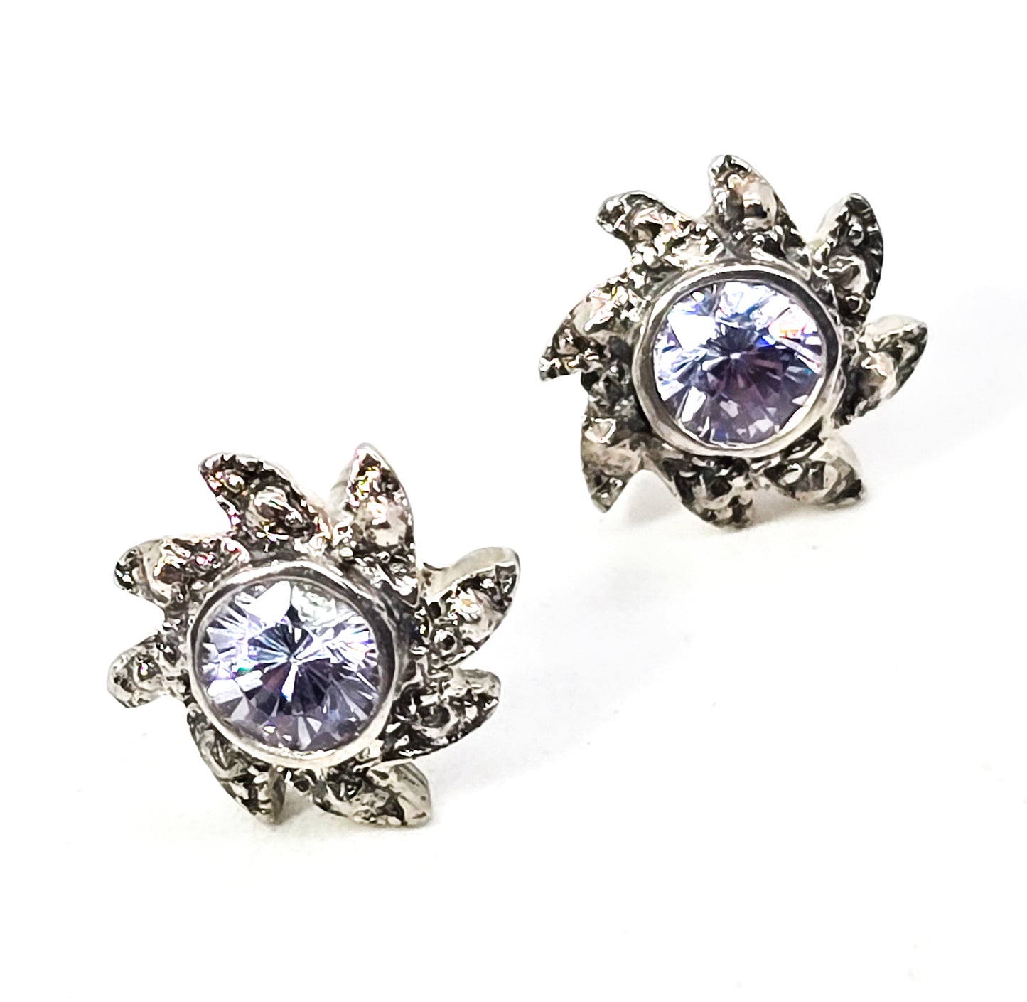 Spinning flower CZ cubic zirconia sterling silver stud earrings