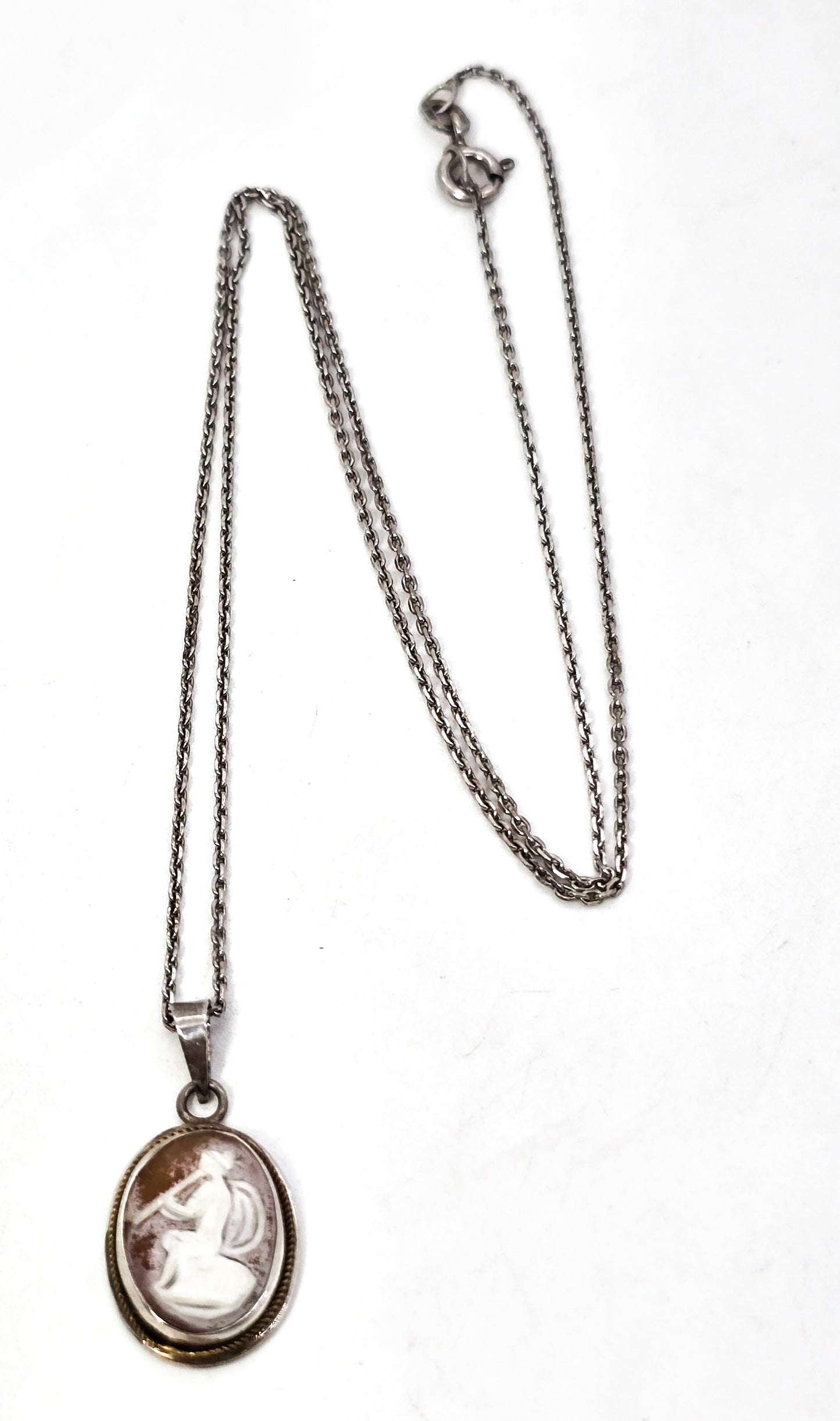 Carved Cameo small vintage flute playing sterling silver dainty shell cameo necklace