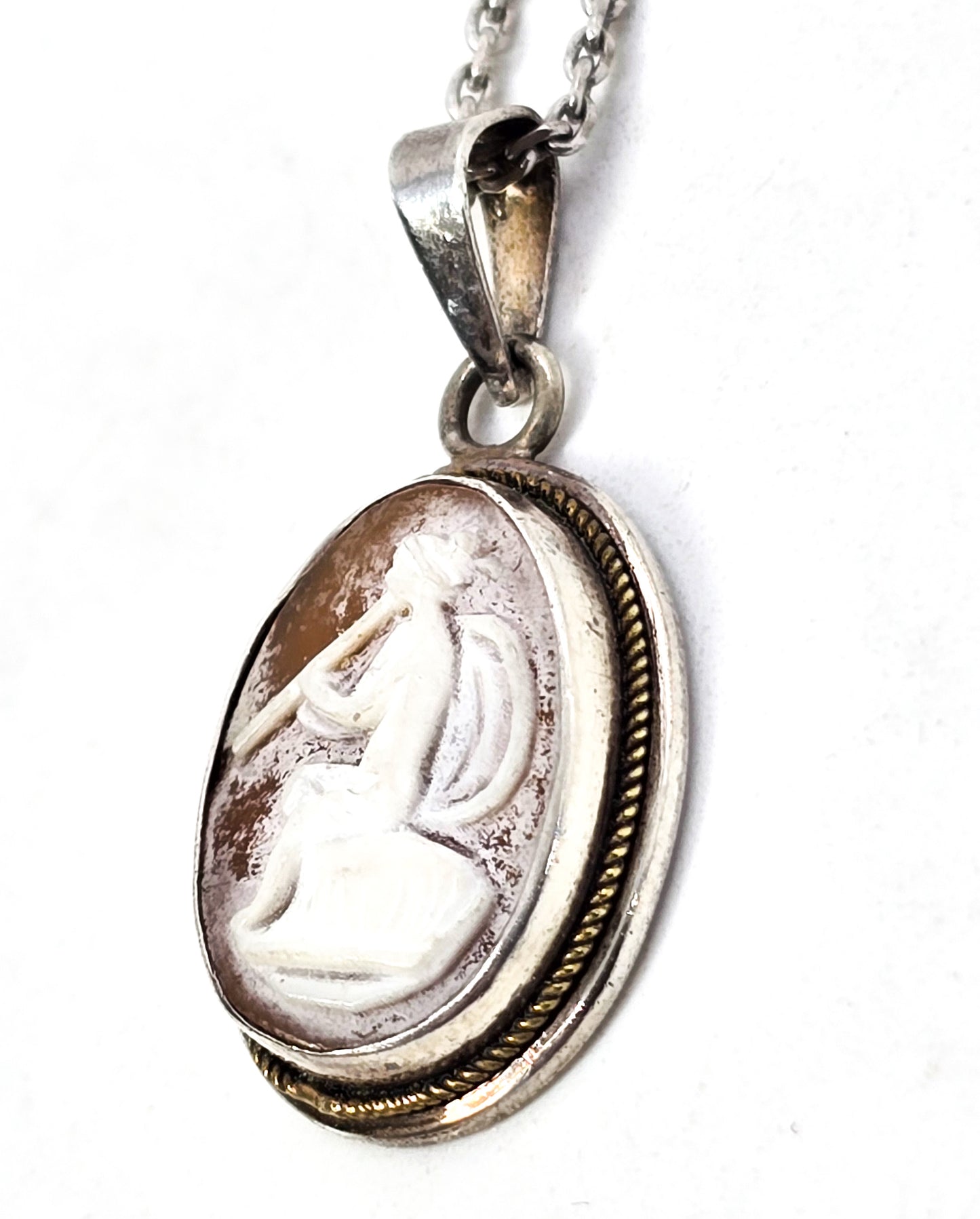 Carved Cameo small vintage flute playing sterling silver dainty shell cameo necklace