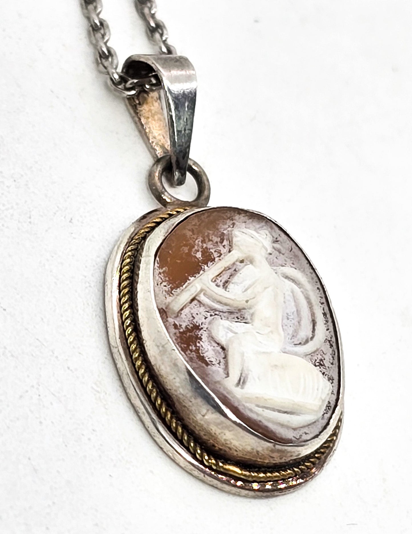 Carved Cameo small vintage flute playing sterling silver dainty shell cameo necklace