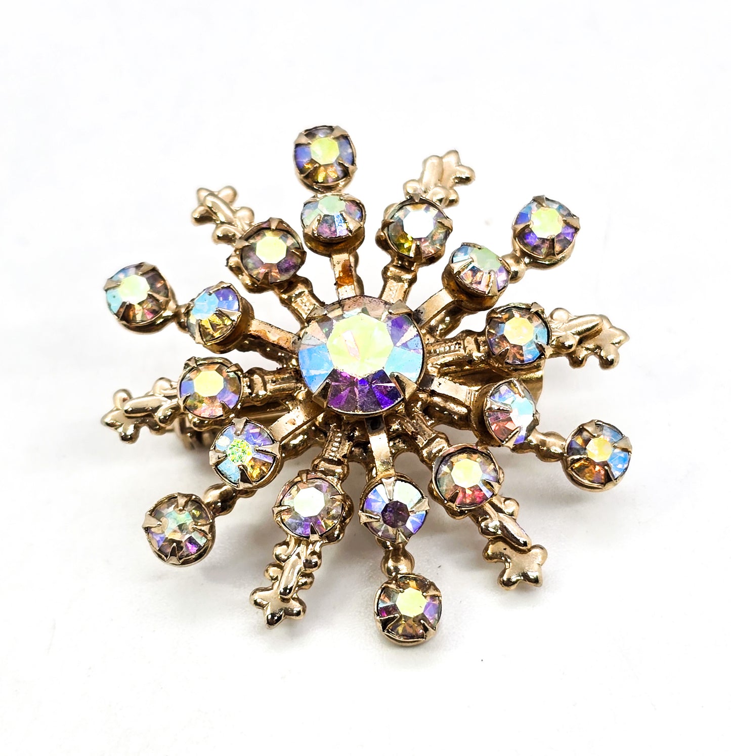 Aurora Borealis AB rainbow rhinestone gold vintage mid century snowflake brooch pin