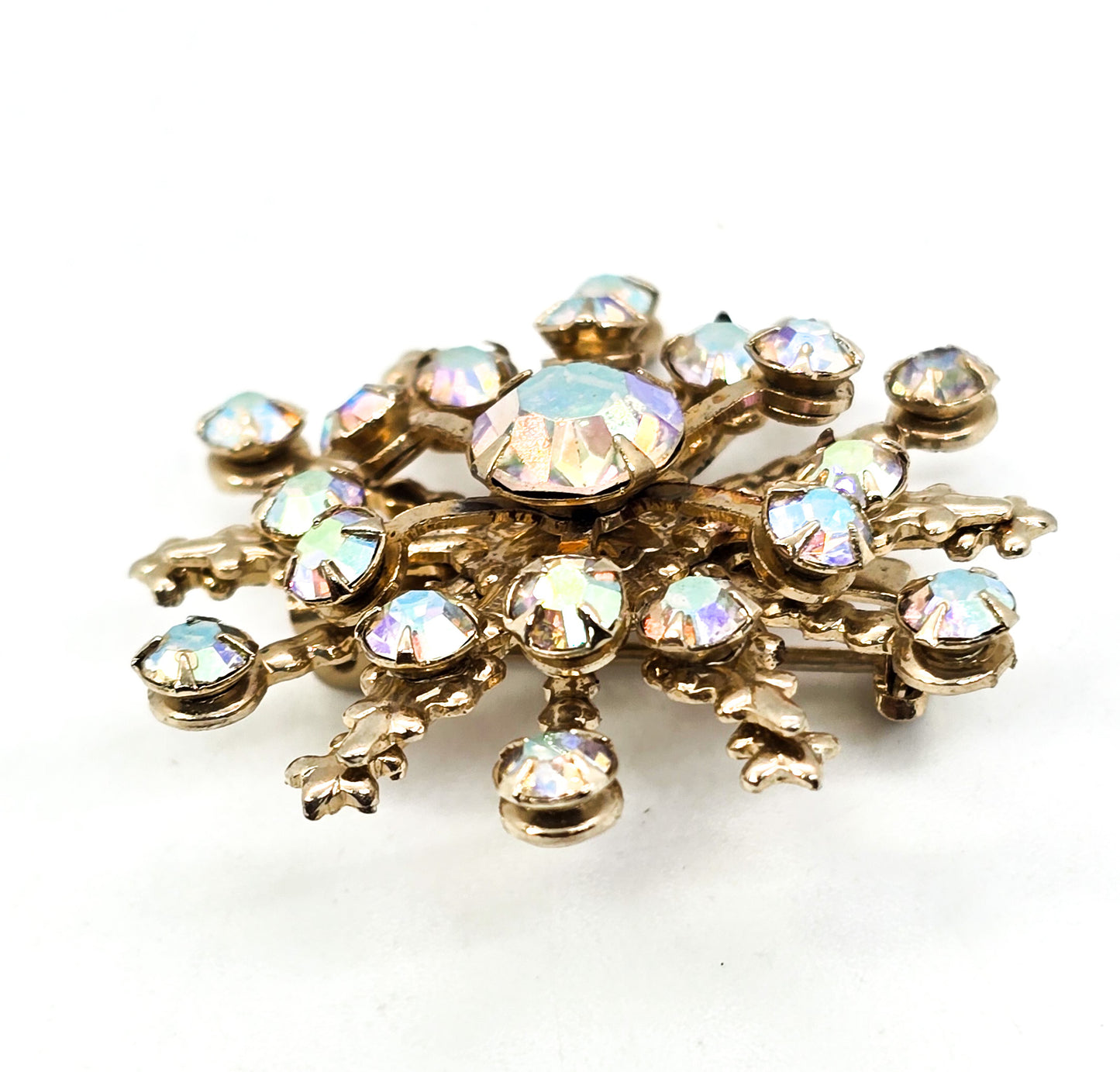 Aurora Borealis AB rainbow rhinestone gold vintage mid century snowflake brooch pin