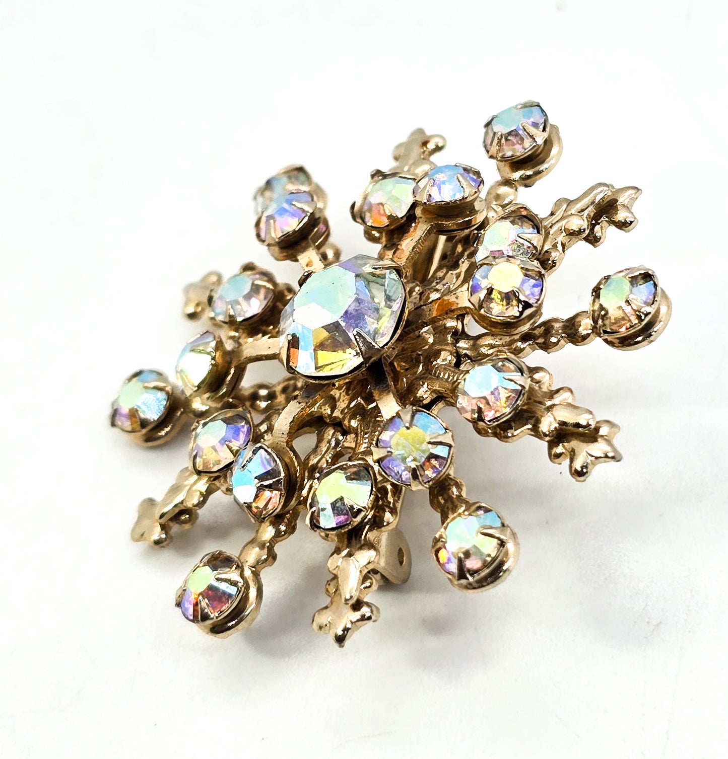 Aurora Borealis AB rainbow rhinestone gold vintage mid century snowflake brooch pin