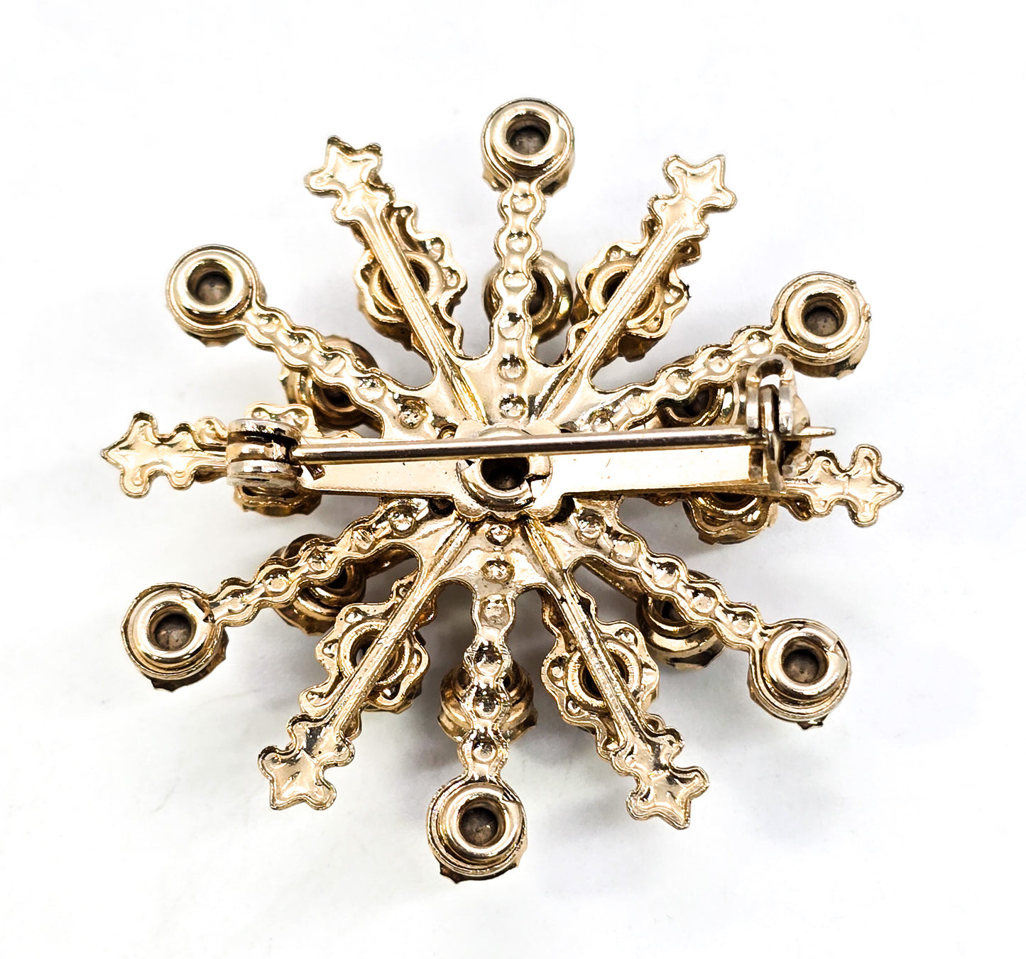 Aurora Borealis AB rainbow rhinestone gold vintage mid century snowflake brooch pin