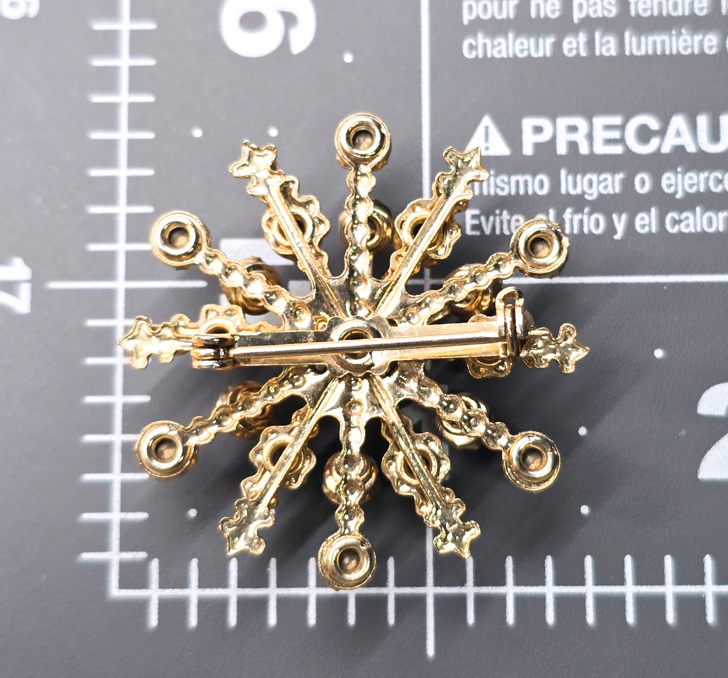 Aurora Borealis AB rainbow rhinestone gold vintage mid century snowflake brooch pin