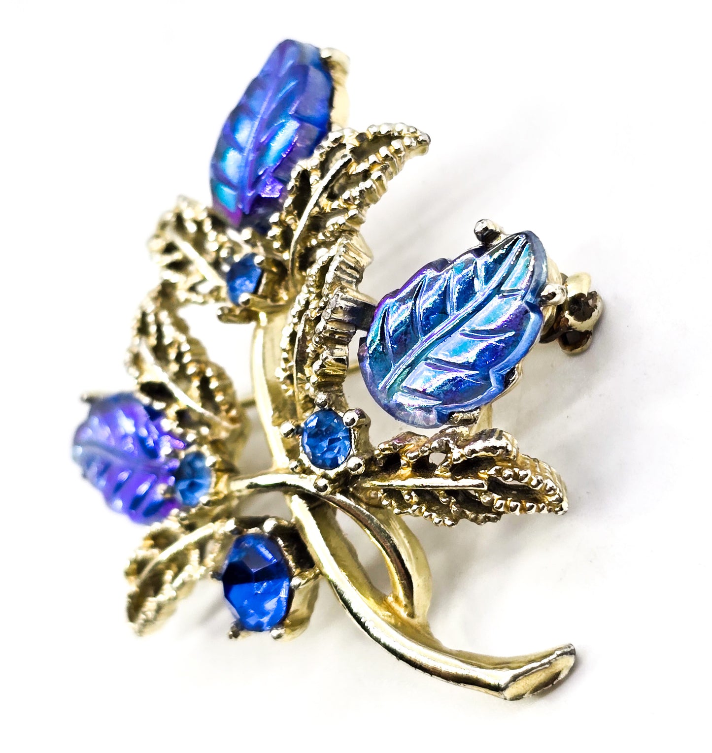 Blue Aurora borealis molded glass leaf rhinestone mid century vintage brooch