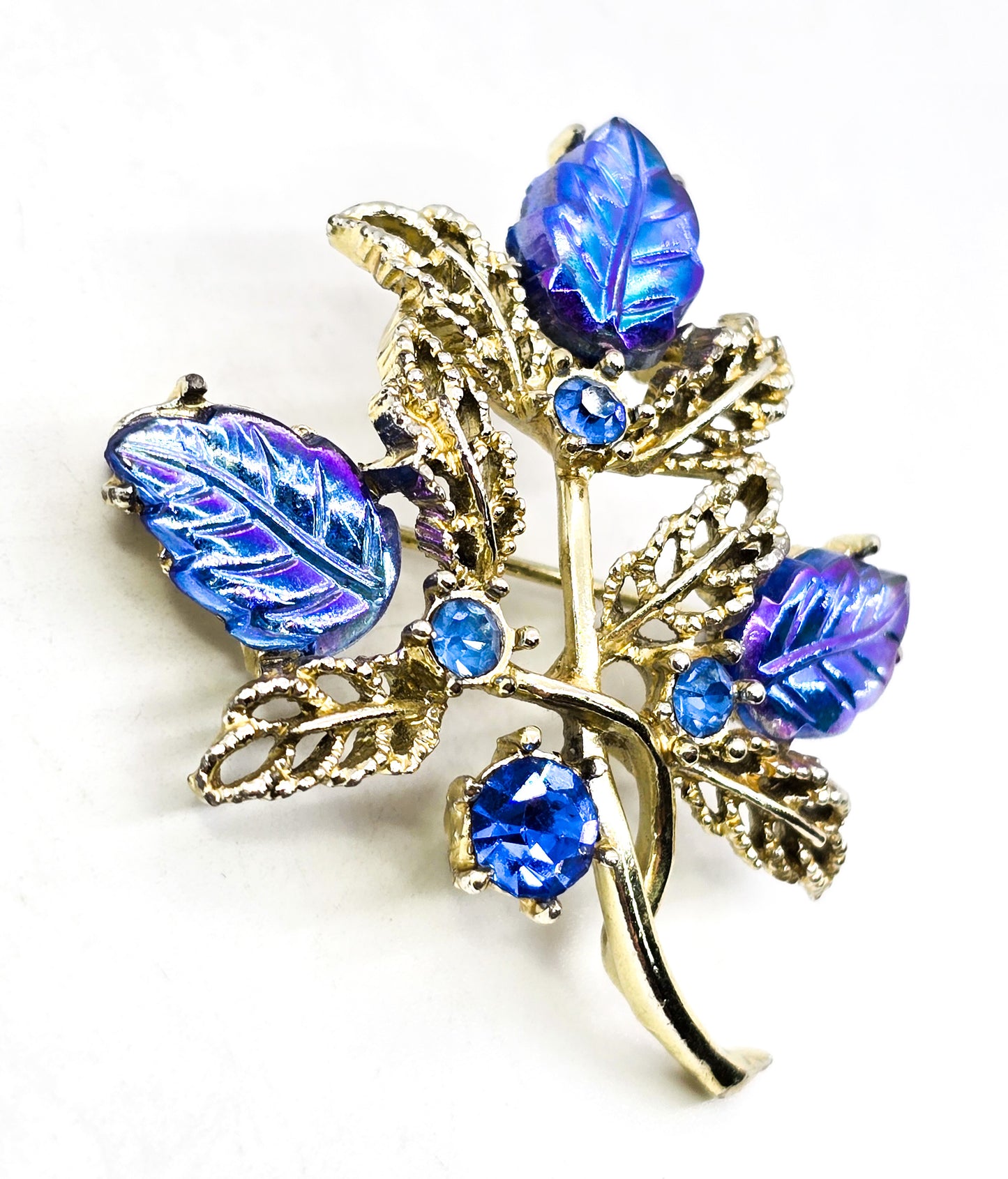 Blue Aurora borealis molded glass leaf rhinestone mid century vintage brooch