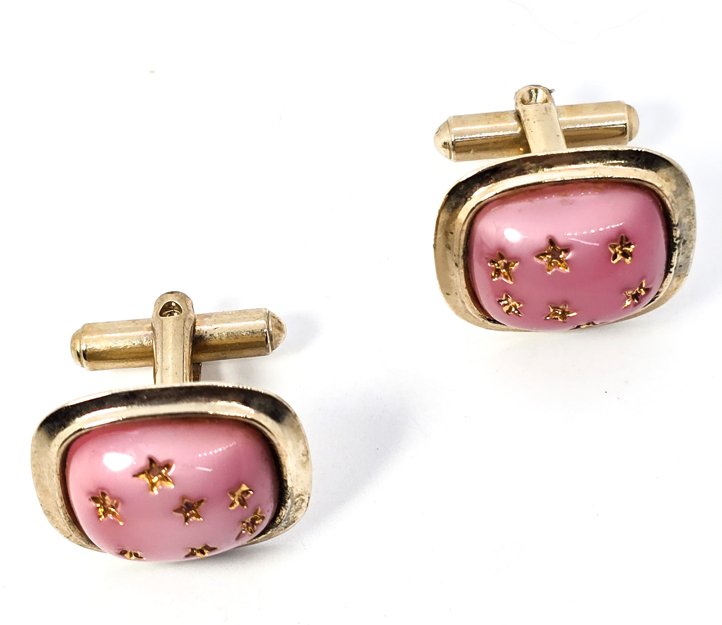 Pink Lucite gold star painted modernist retro 1960's vintage cufflinks wedding