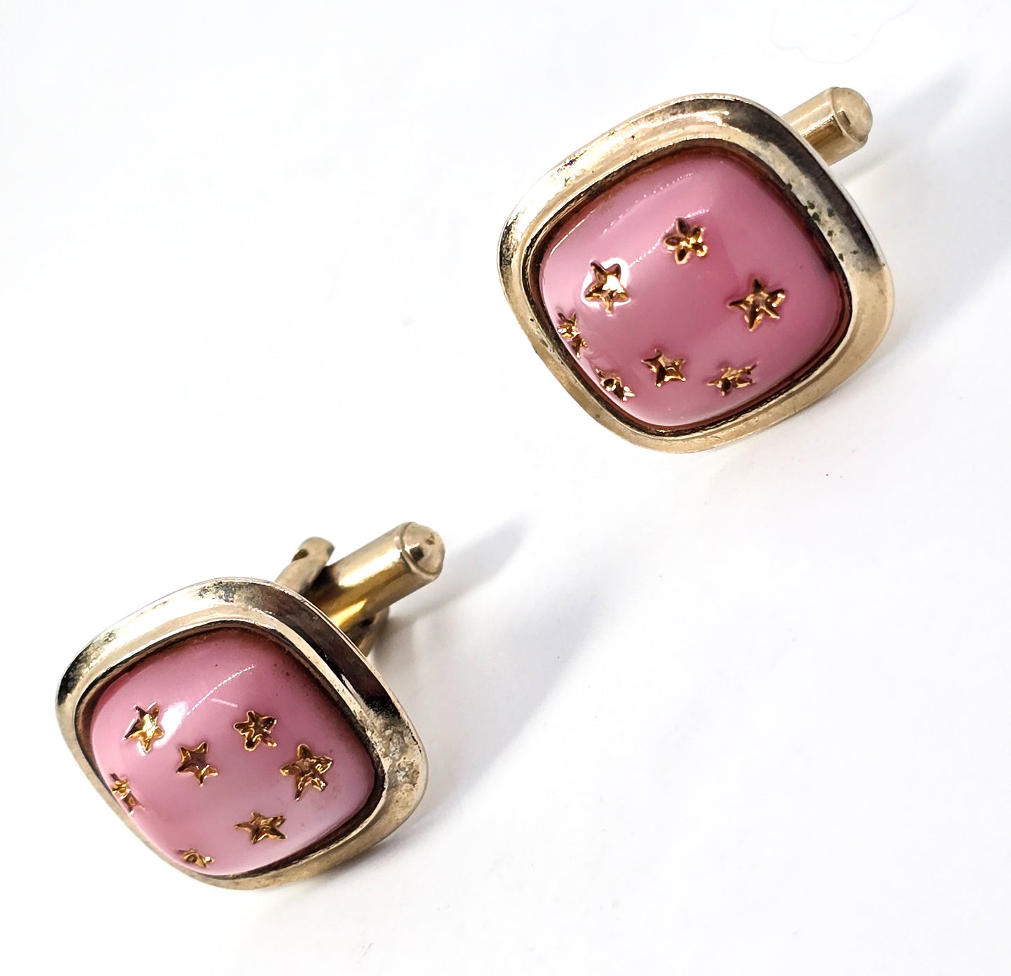 Pink Lucite gold star painted modernist retro 1960's vintage cufflinks wedding