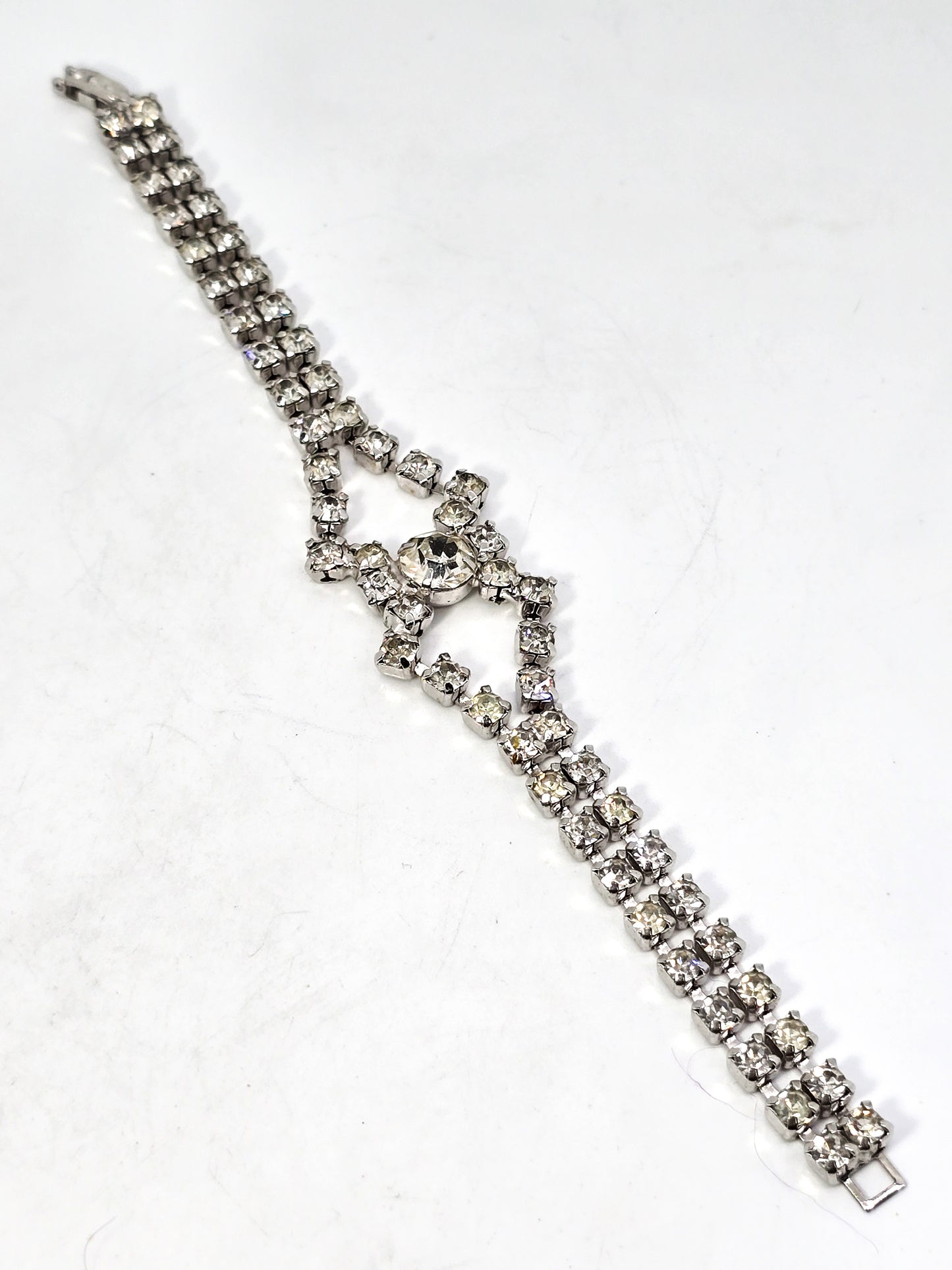 Chevron clear rhinestone open work double row vintage bracelet