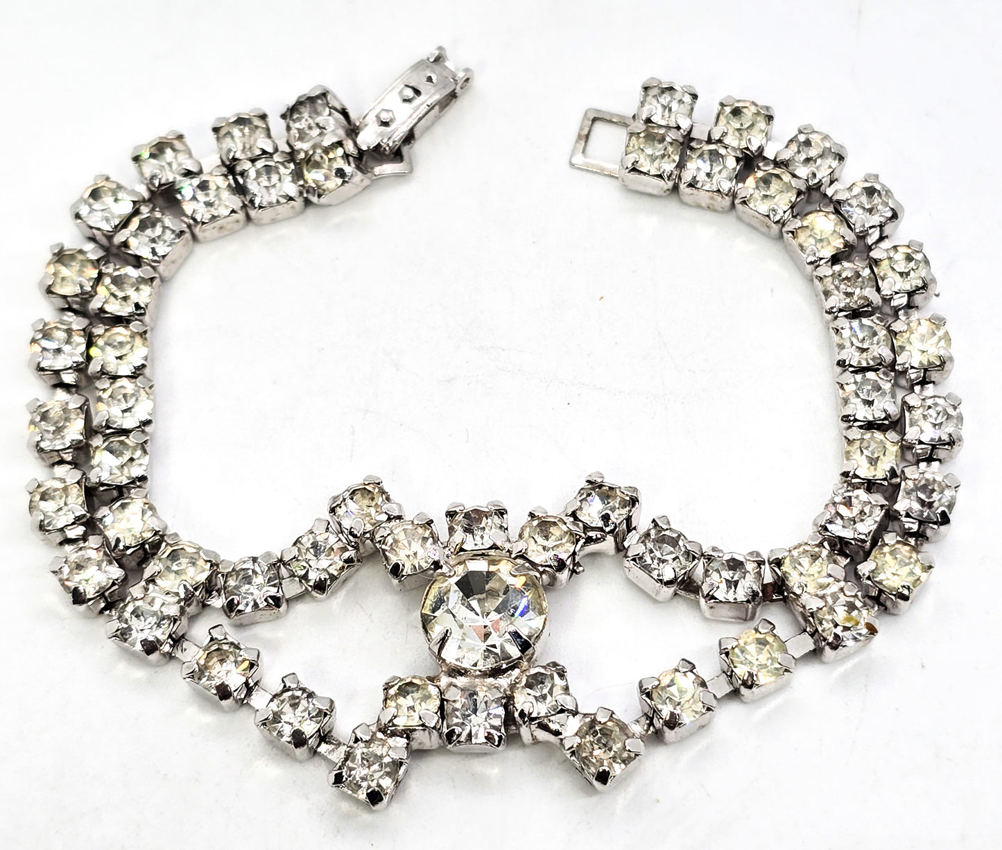 Chevron clear rhinestone open work double row vintage bracelet