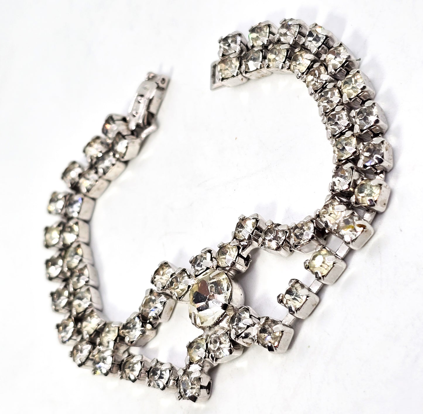 Chevron clear rhinestone open work double row vintage bracelet