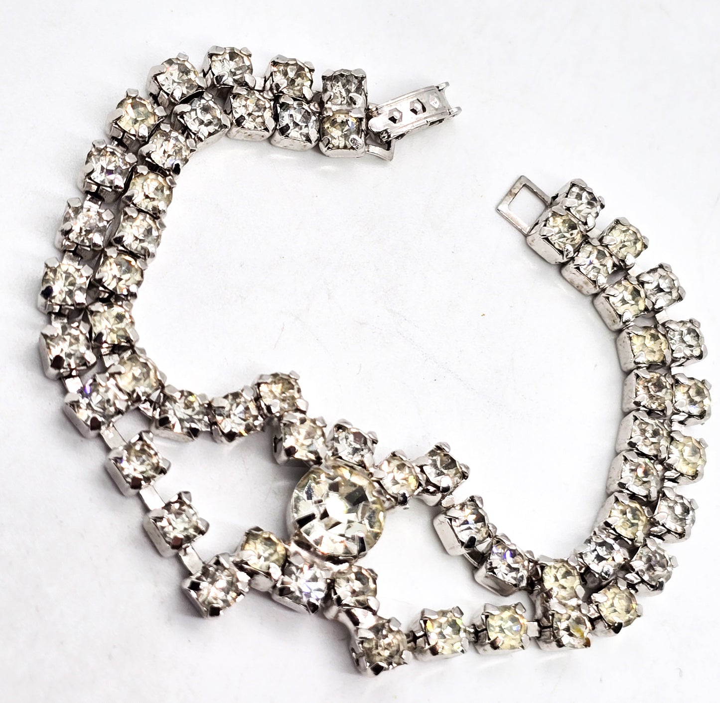 Chevron clear rhinestone open work double row vintage bracelet