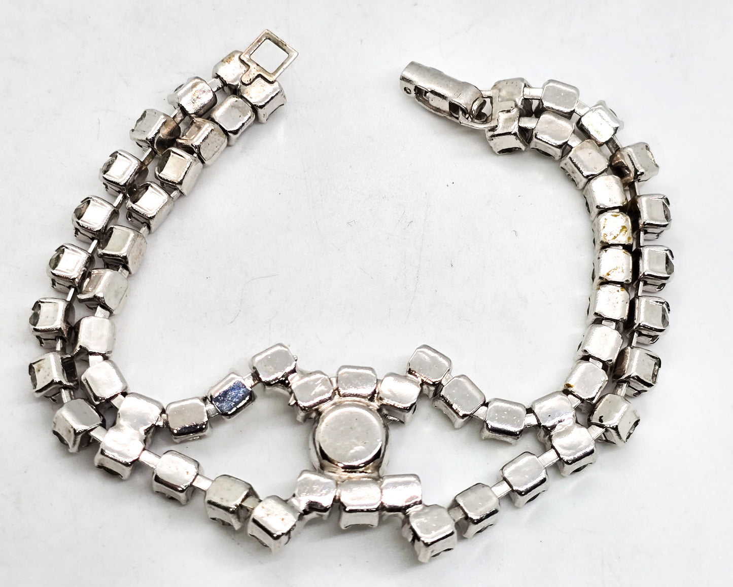 Chevron clear rhinestone open work double row vintage bracelet