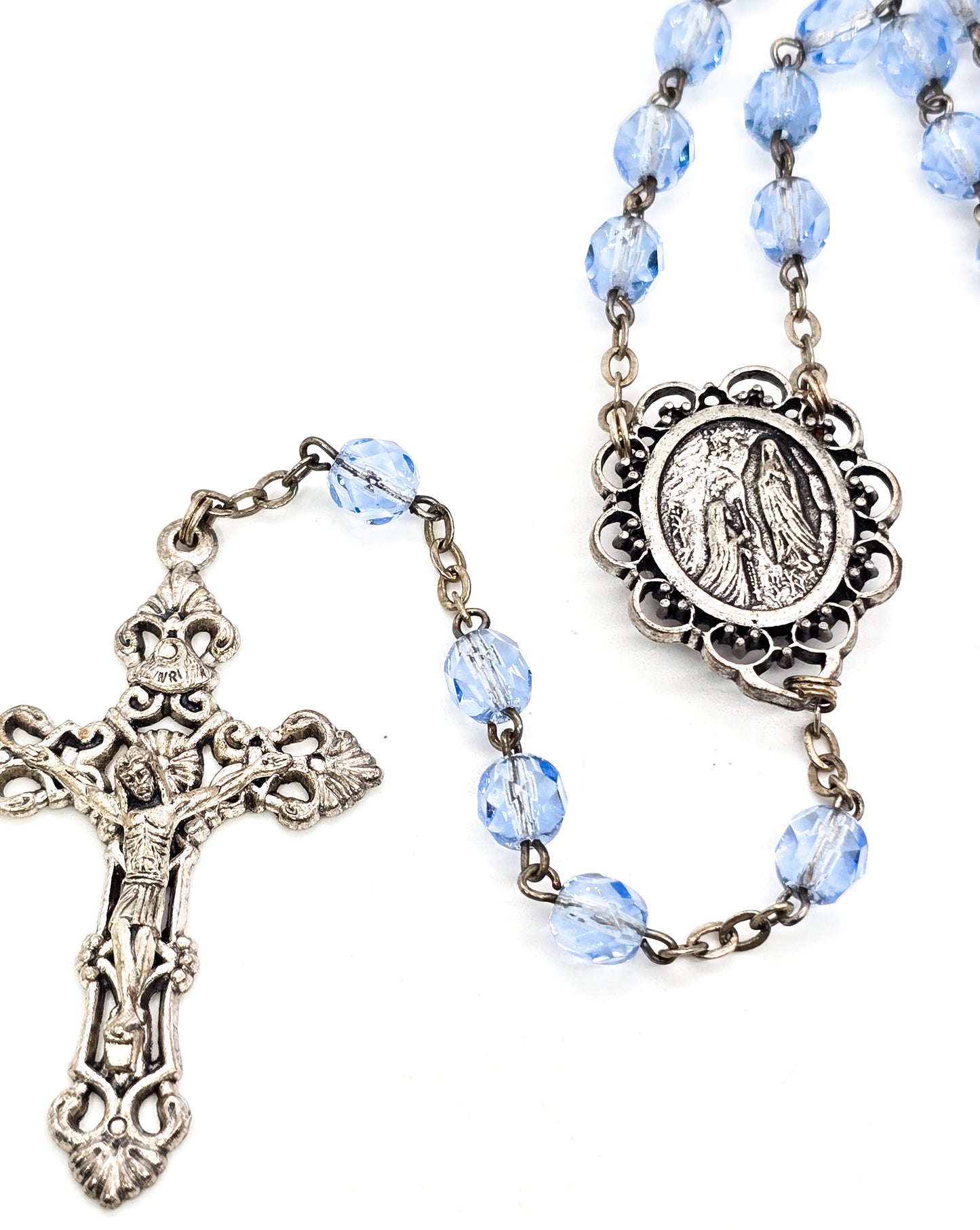 Our Lady of Lourdes Blue Austrian beaded Reliquary Italy vintage Catholic Rosary