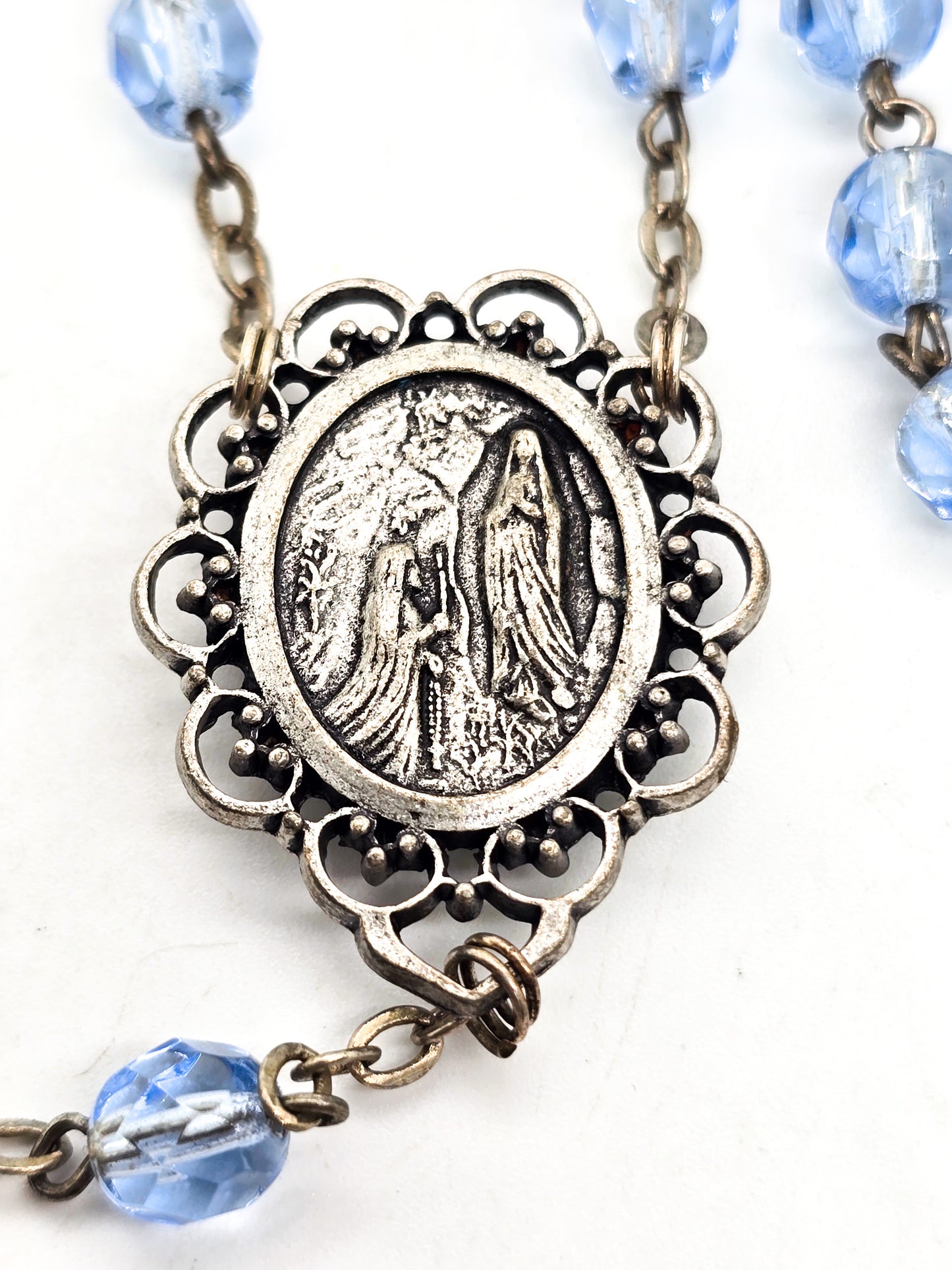 Our Lady of Lourdes Blue Austrian beaded Reliquary Italy vintage Catholic Rosary