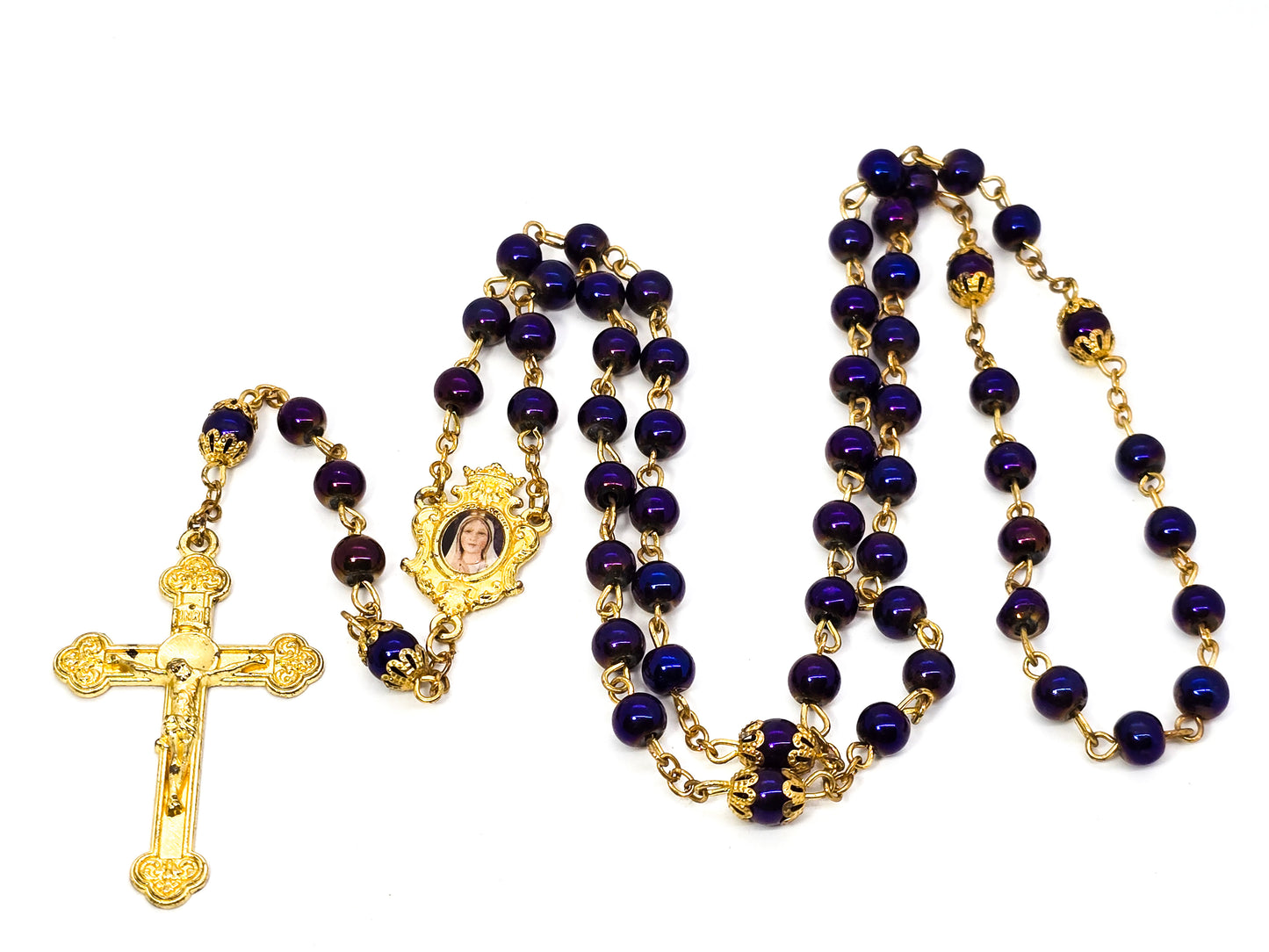 Queen of Heaven purple iridescent beaded gold toned Rosary
