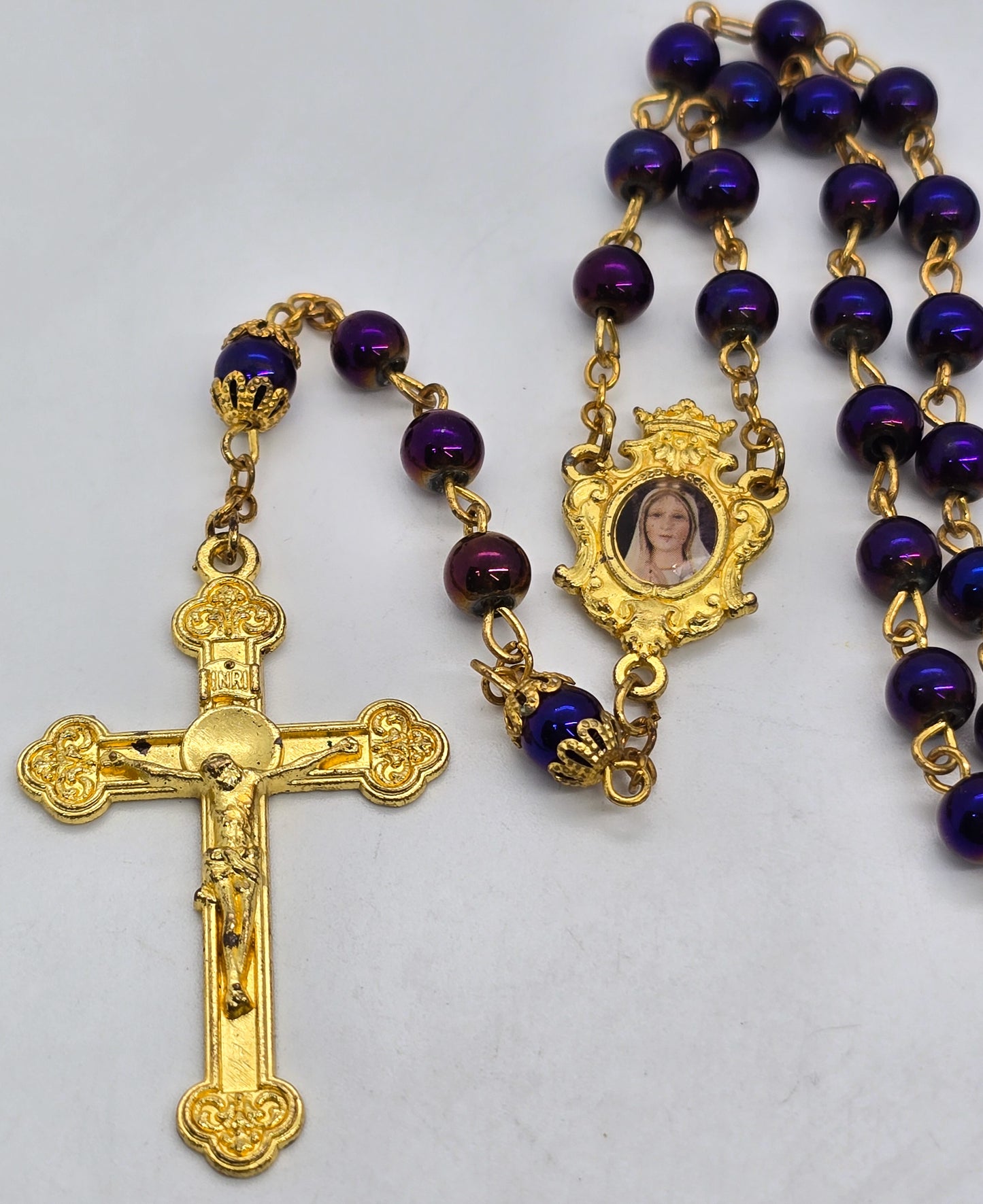 Queen of Heaven purple iridescent beaded gold toned Rosary