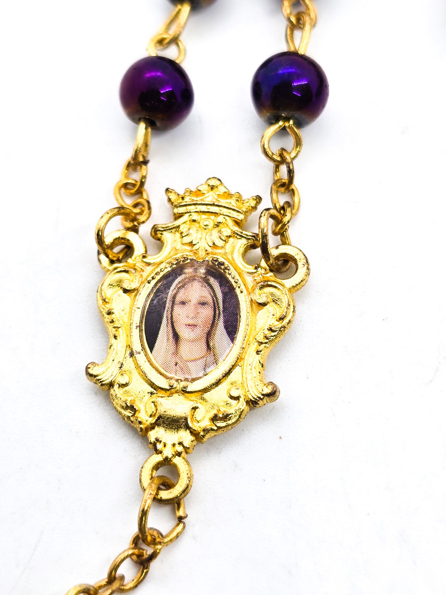 Queen of Heaven purple iridescent beaded gold toned Rosary