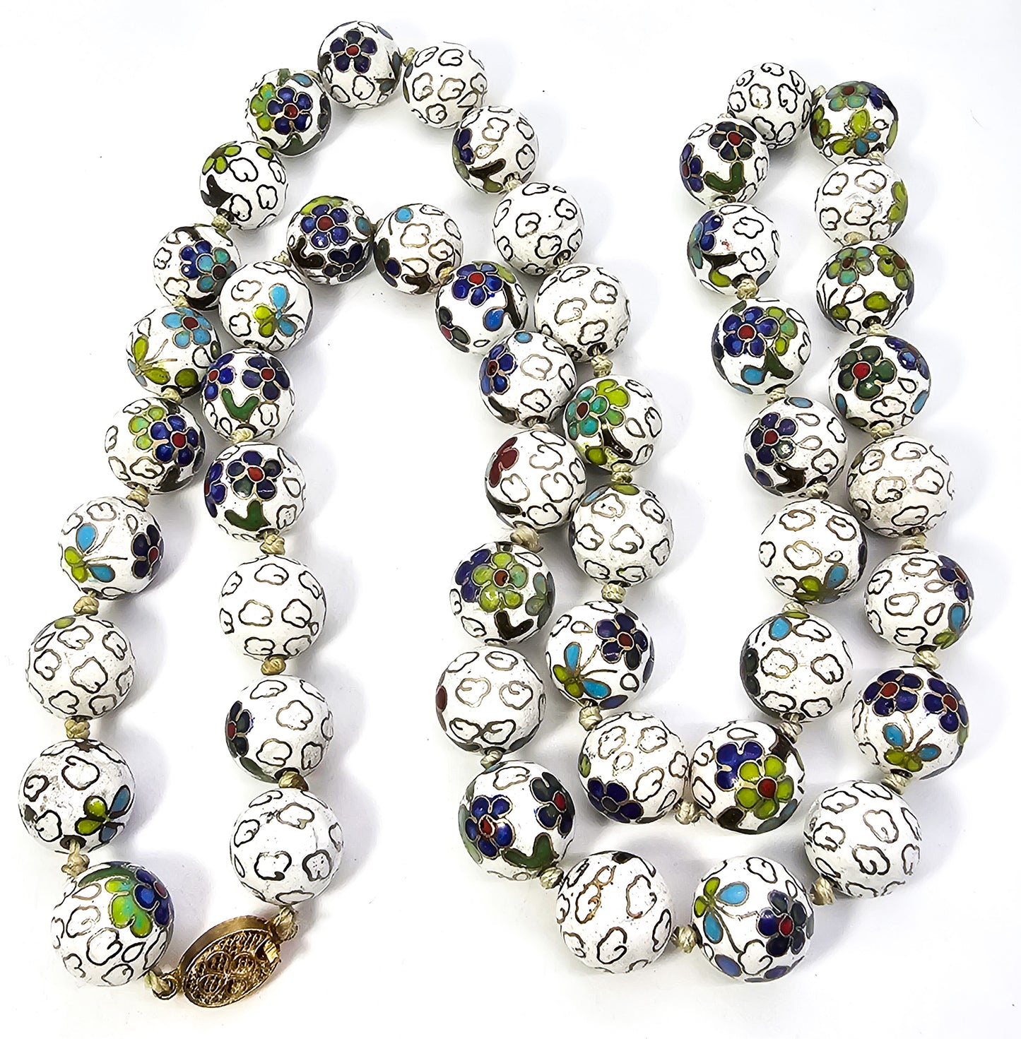 Chinese Cloisonne Enamel Knotted Floral Bead 36 inch filigree clasp Necklace Chipped